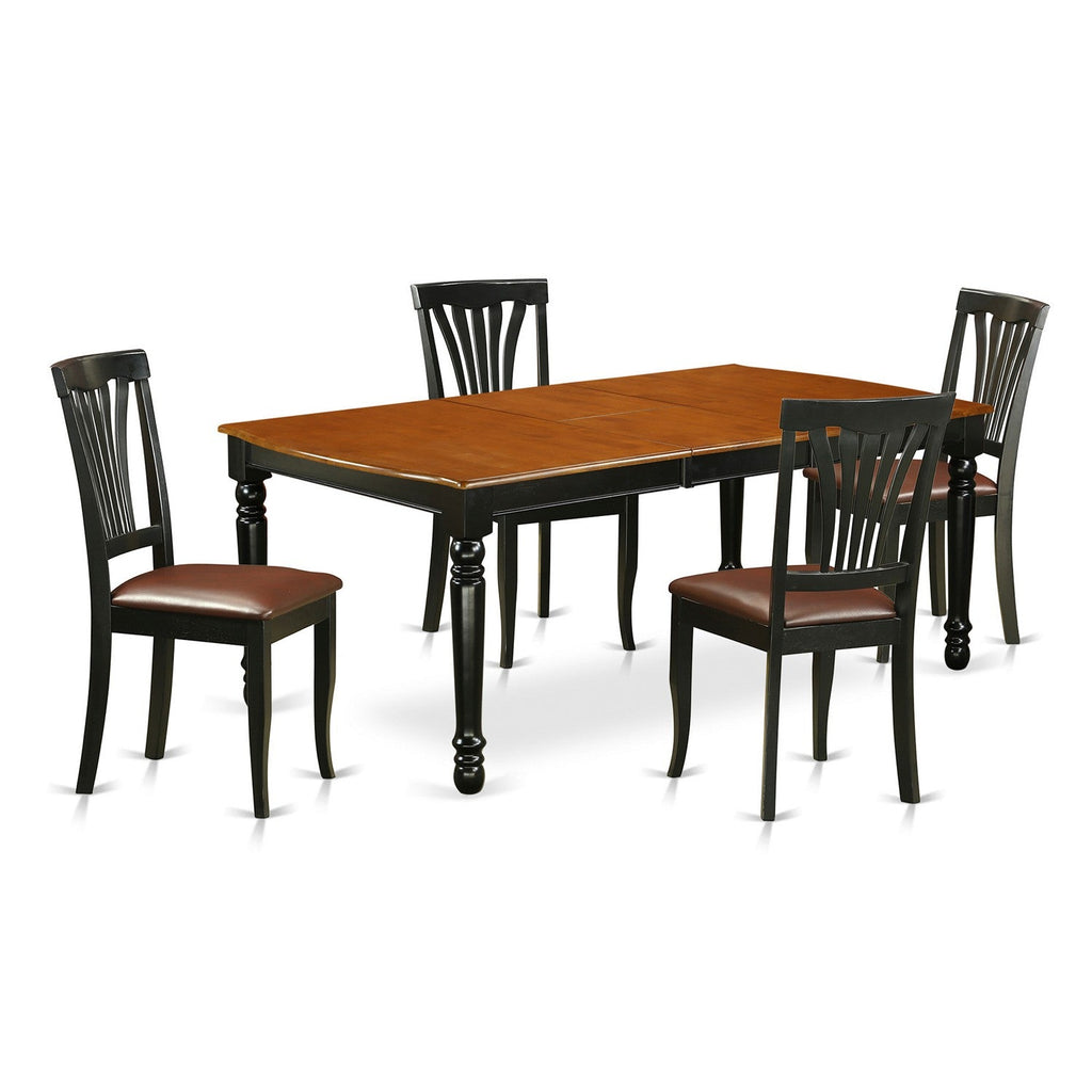 El juego de mesa de comedor moderno de 5 piezas East West Furniture DOAV5-BCH-LC incluye una mesa rectangular de madera con diseño de hojas de mariposa y 4 sillas tapizadas en piel sintética.
