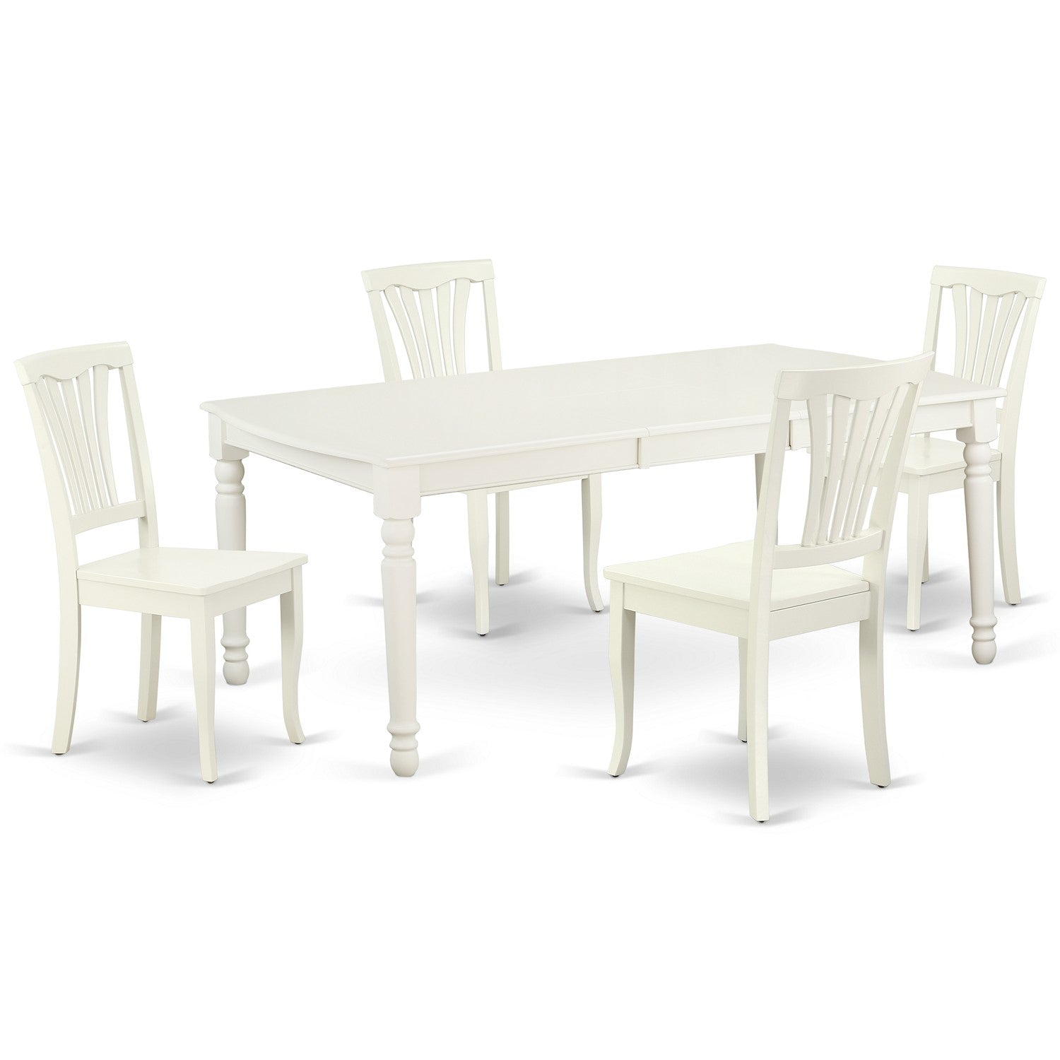 Juego de comedor de 5 piezas East West Furniture DOAV5-LWH-W. Incluye una mesa de comedor rectangular con hojas de mariposa y 4 sillas con asiento de madera.