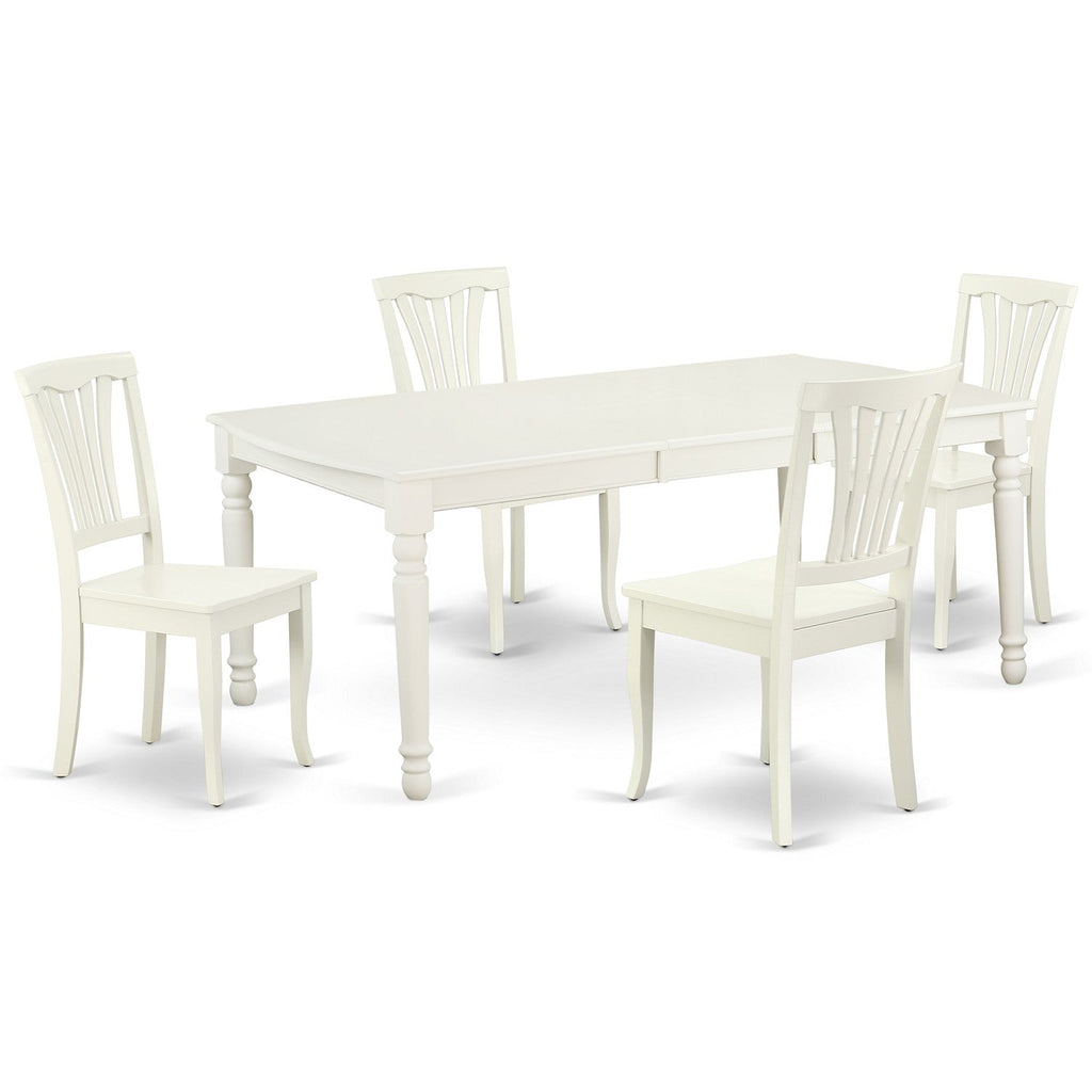Juego de comedor de 5 piezas East West Furniture DOAV5-LWH-W. Incluye una mesa de comedor rectangular con hojas de mariposa y 4 sillas con asiento de madera.