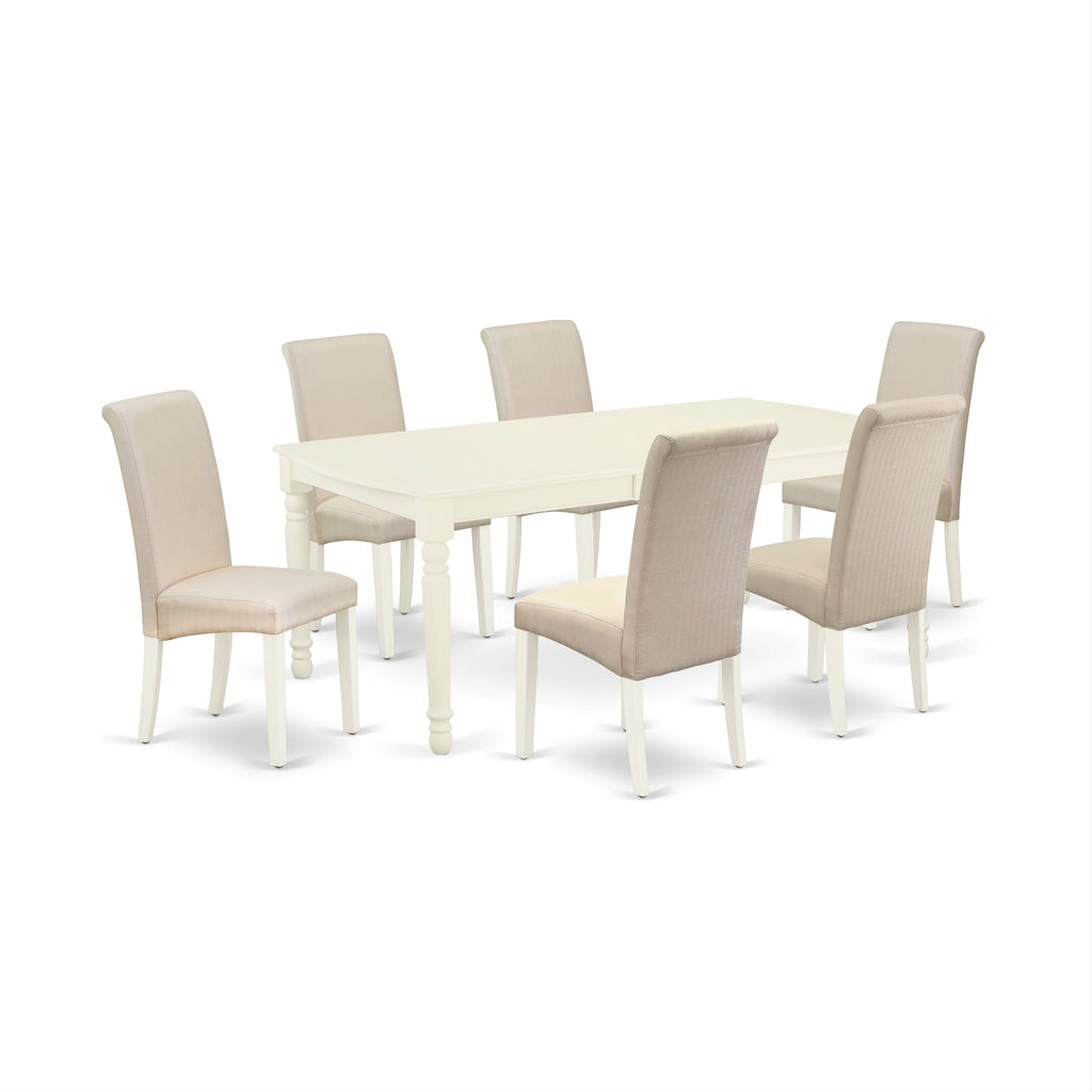 Juego de mesa de cocina de 7 piezas East West Furniture DOBA7-LWH-01: mesa de comedor rectangular con diseño de hojas de mariposa y 6 sillas de comedor Parson de tela de lino color crema.