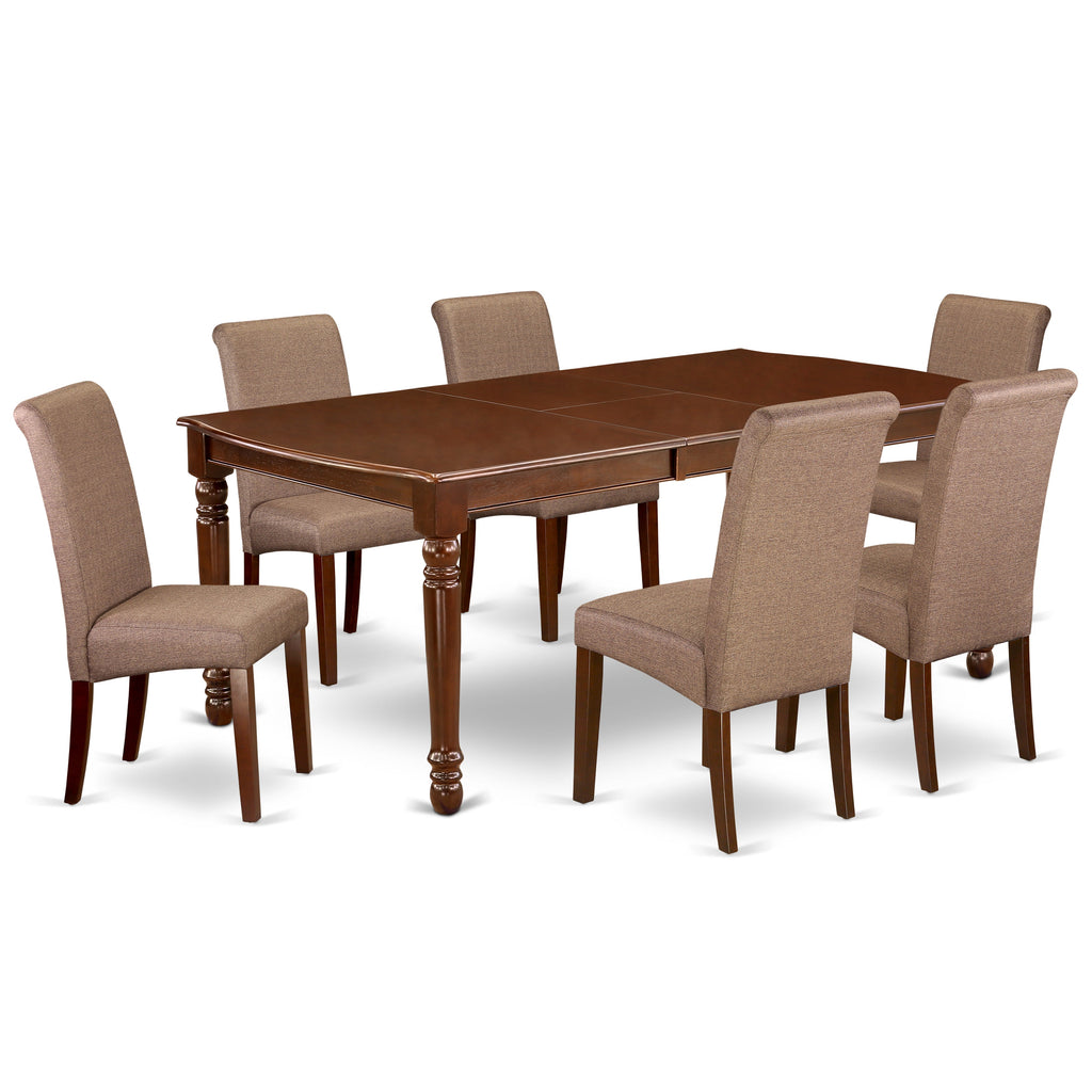 East West Furniture DOBA7-MAH-18 7 Piece Dining Set Consist of a Rectangle Dining Room Table with Butterfly Leaf and 6 Brown Linen Linen Fabric Upholstered Chairs
