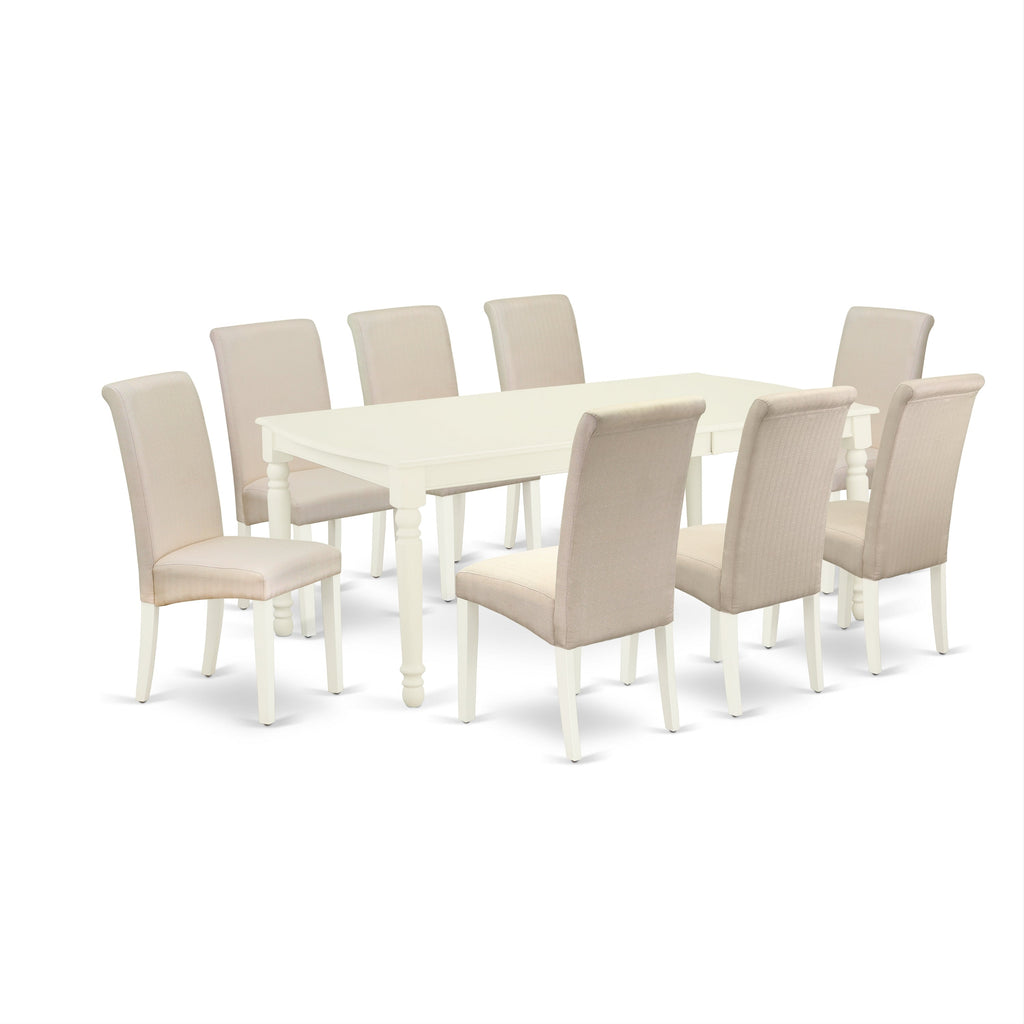 Juego de mesa de comedor moderna de 9 piezas East West Furniture DOBA9-LWH-01. Incluye una mesa rectangular de madera con diseño de hojas de mariposa y 8 sillas de comedor Parsons de tela de lino color crema.