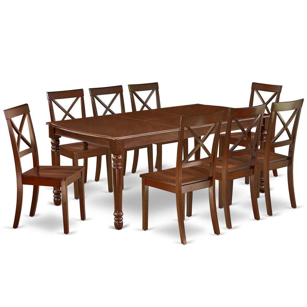 Juego de comedor de 9 piezas East West Furniture DOBO9-MAH-W. Incluye una mesa de comedor rectangular con hojas de mariposa y 8 sillas con asiento de madera.