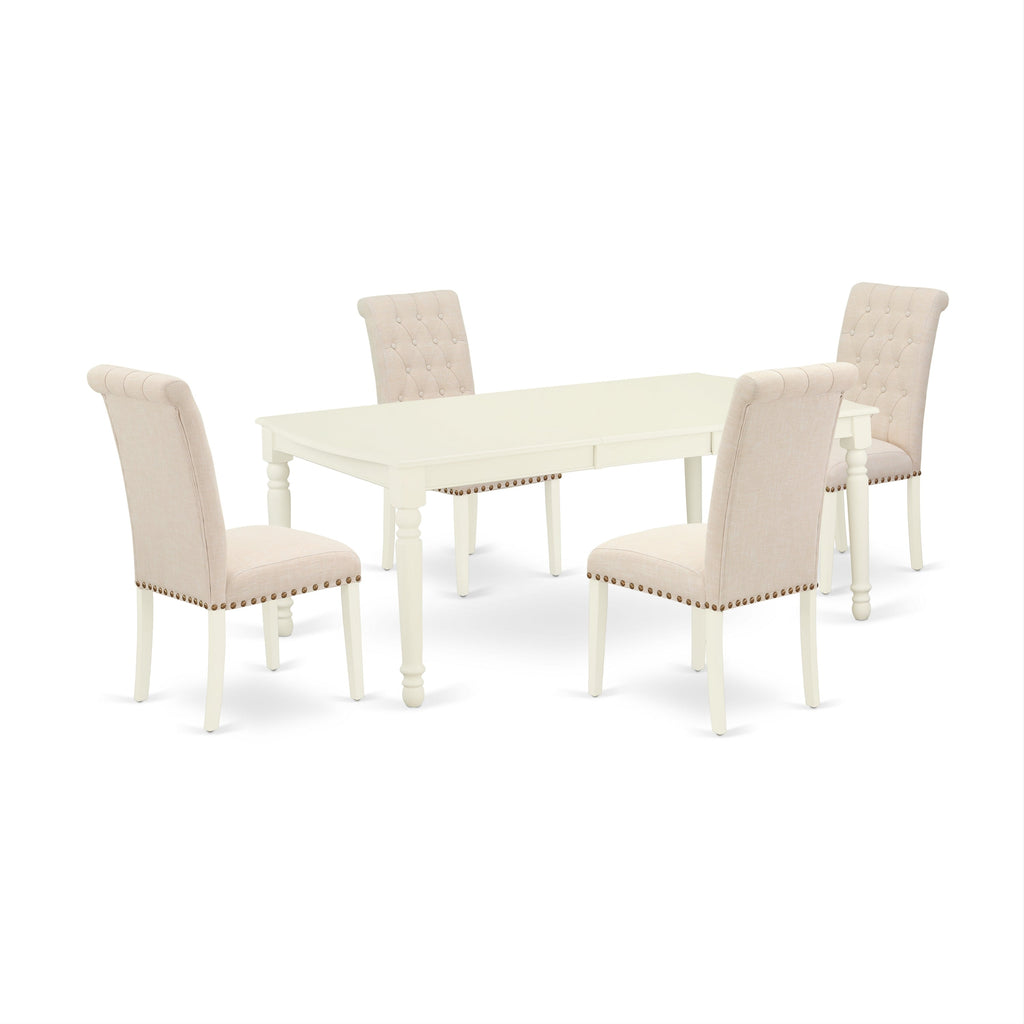 Juego de comedor de 5 piezas East West Furniture DOBR5-LWH-02. Incluye una mesa de comedor rectangular con hojas de mariposa y 4 sillas tapizadas en tela de lino beige claro.