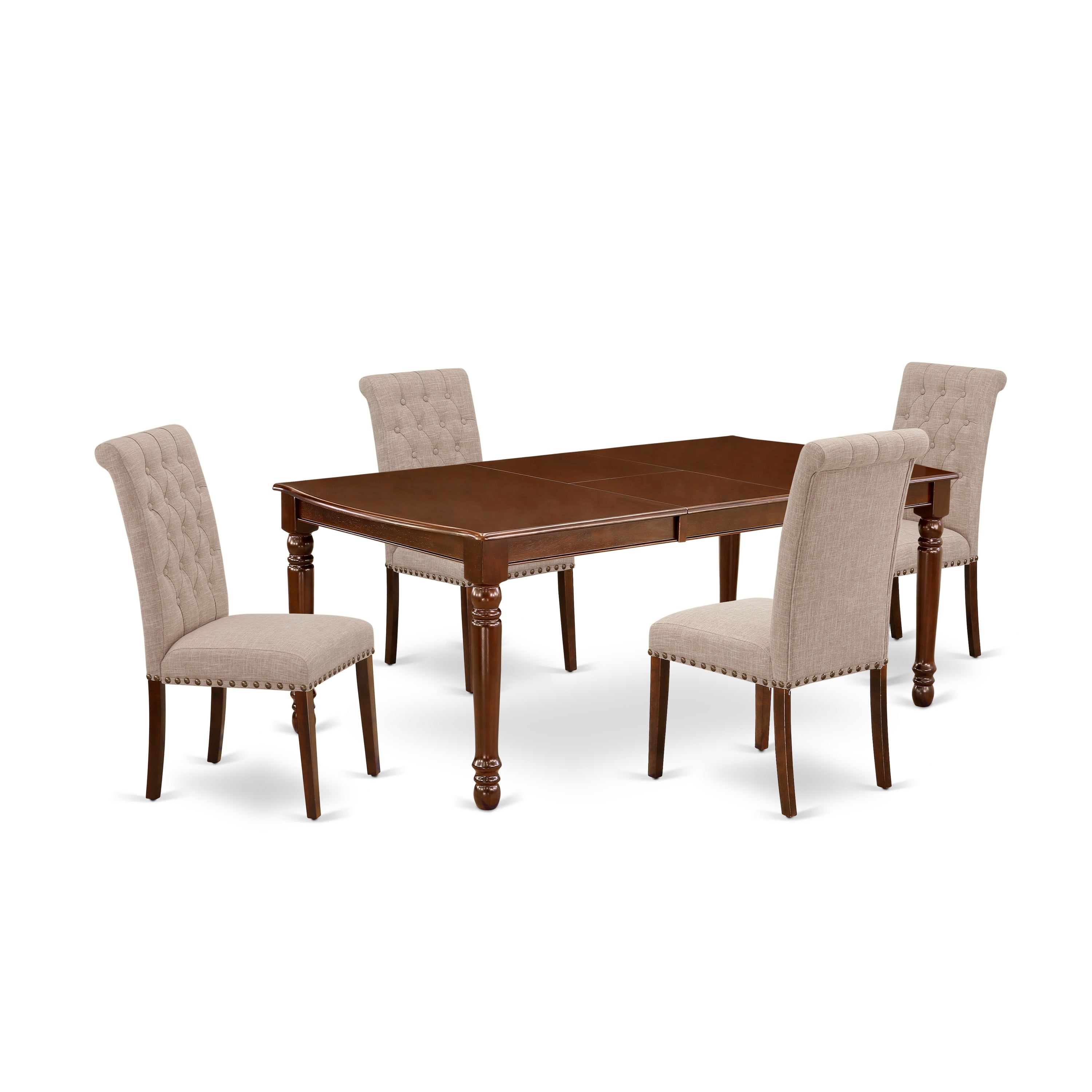 DOBR5-MAH-04 5Pc Dining Set Includes a Rectangle Dinette Table with Butterfly Leaf and Four Parson Chairs with Light Fawn Fabric, Mahogany Finish