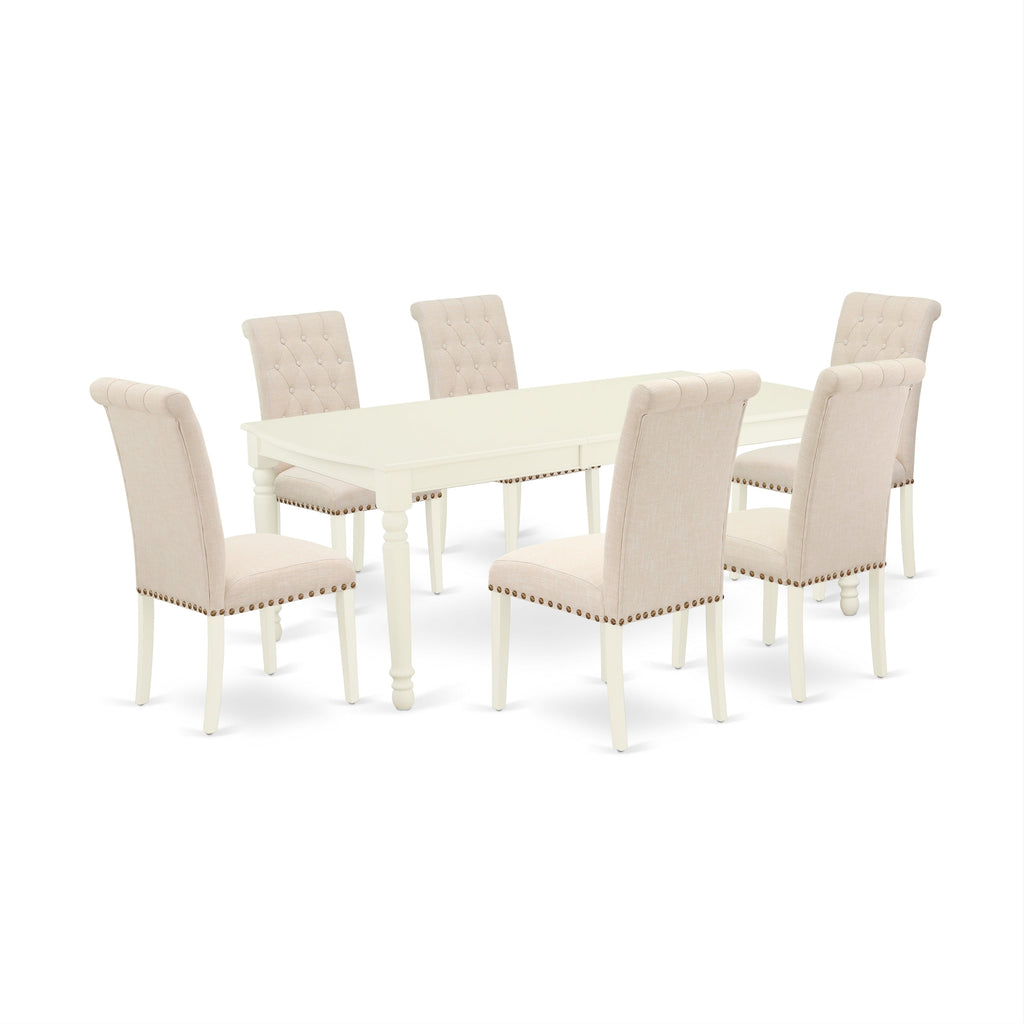 East West Furniture DOBR7-LWH-02 7 Piece Dining Table Set Consist of a Rectangle Table with Butterfly Leaf and 6 Light Beige Linen Fabric Upholstered Chairs