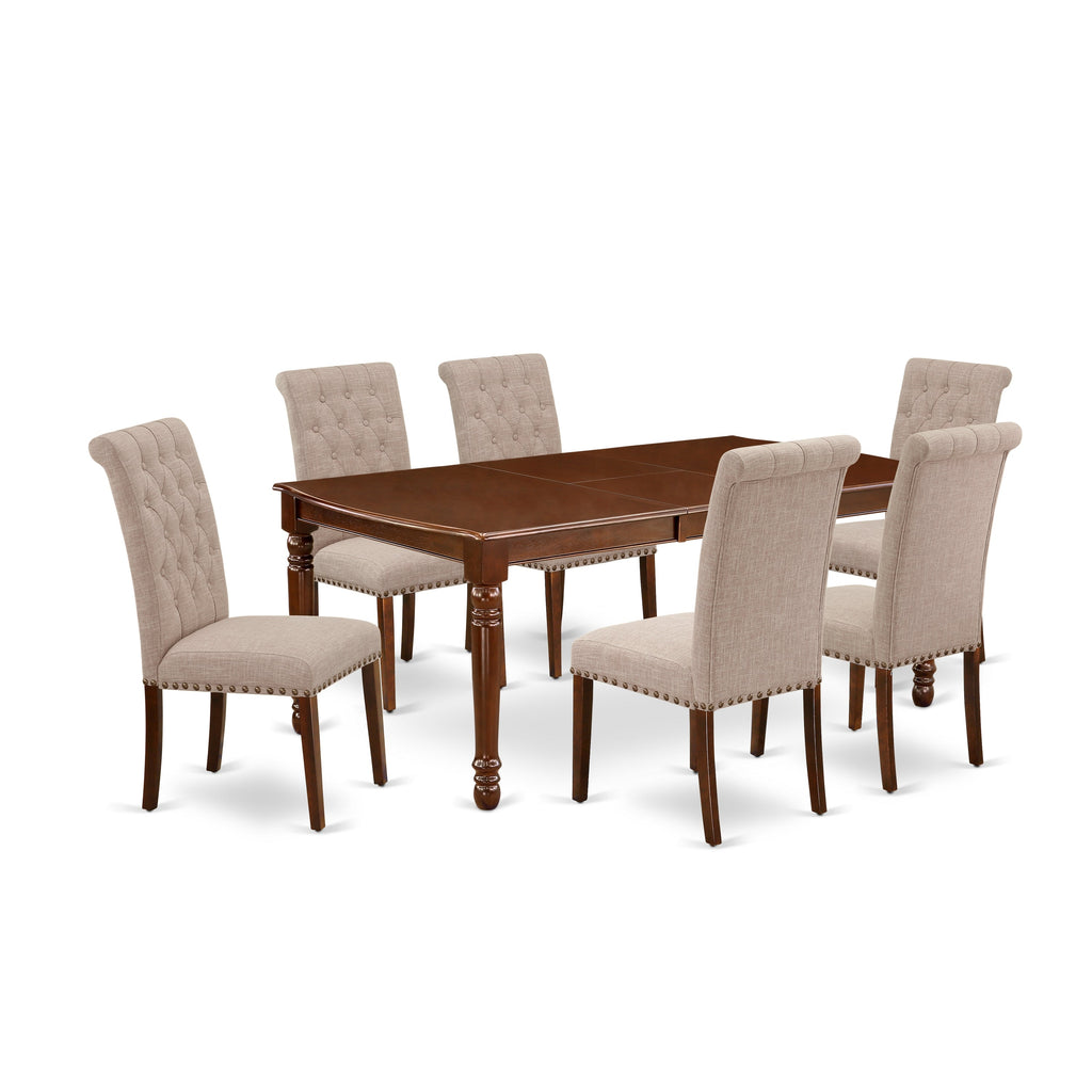 East West Furniture DOBR7-MAH-04 7 Piece Kitchen Table Set Consist of a Rectangle Dining Table with Butterfly Leaf and 6 Light Tan Linen Fabric Parson Dining Chairs
