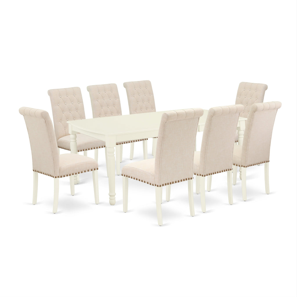 Juego de comedor East West Furniture DOBR9-LWH-02 de 9 piezas. Incluye una mesa de comedor rectangular con diseño de hojas de mariposa y 8 sillas tapizadas en tela de lino beige claro.