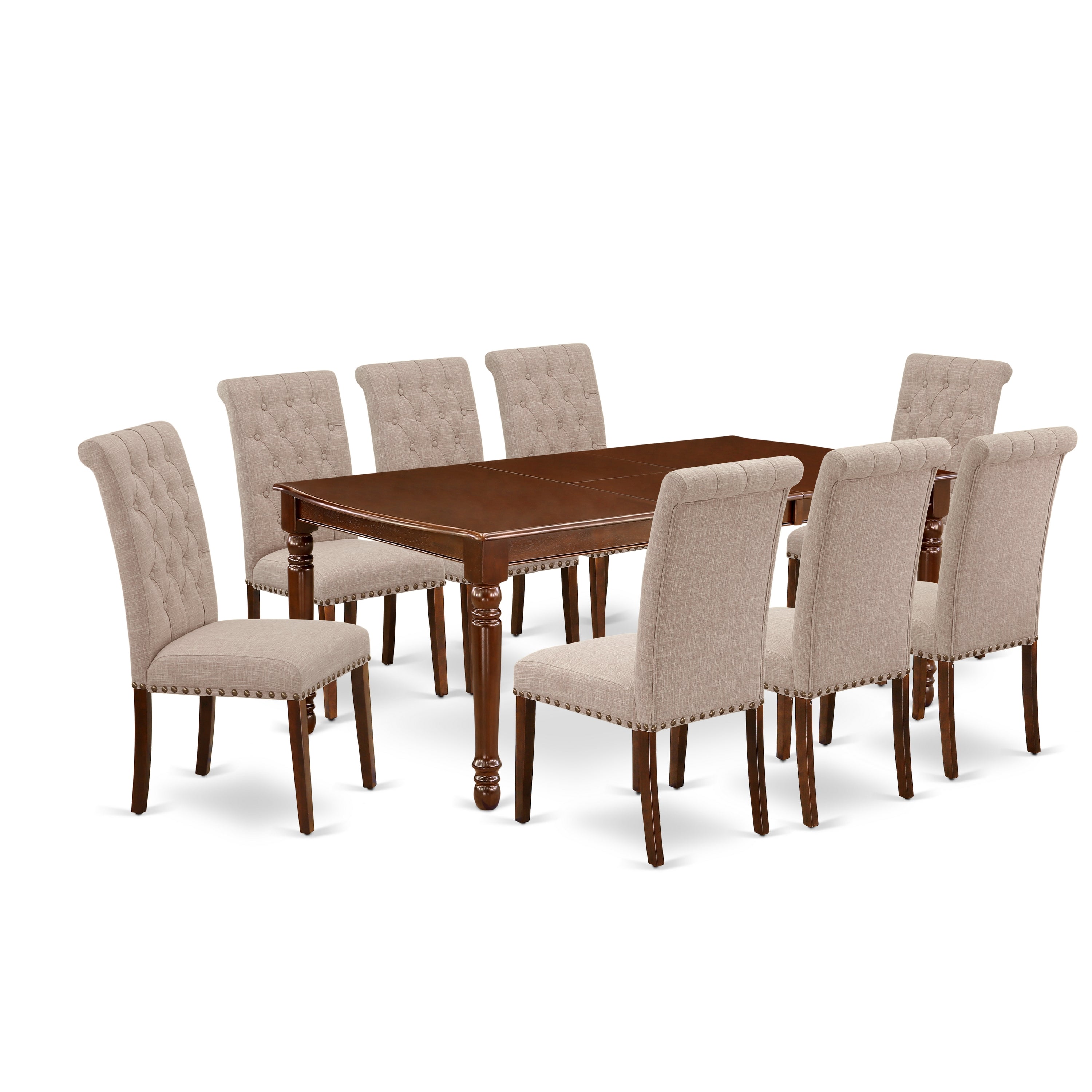 DOBR9-MAH-04 9Pc Dining Set Includes a Rectangle Dinette Table with Butterfly Leaf and Eight Parson Chairs with Light Fawn Fabric, Mahogany Finish