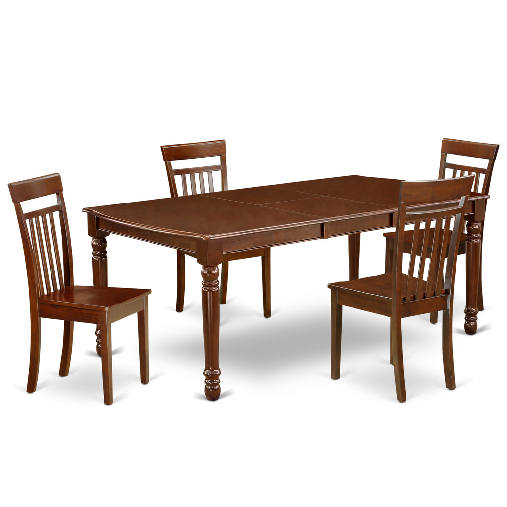 El juego de mesa de comedor de 5 piezas East West Furniture DOCA5-MAH-W incluye una mesa rectangular de madera con diseño de hojas de mariposa y 4 sillas de comedor de cocina.