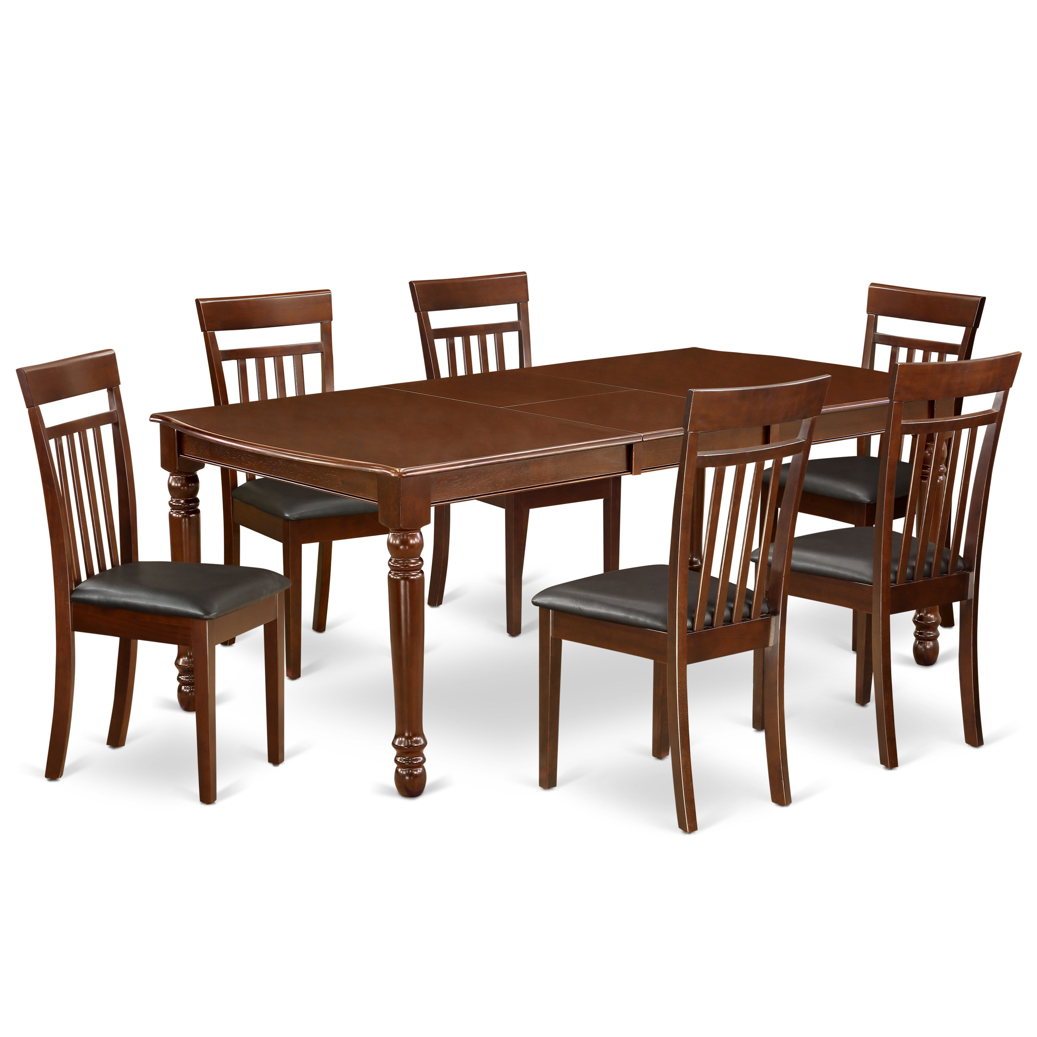 Juego de mesa y sillas de cocina de 7 piezas DOCA7-MAH-LC de East West Furniture. Incluye una mesa de comedor rectangular con diseño de hojas de mariposa y 6 sillas tapizadas en piel sintética.