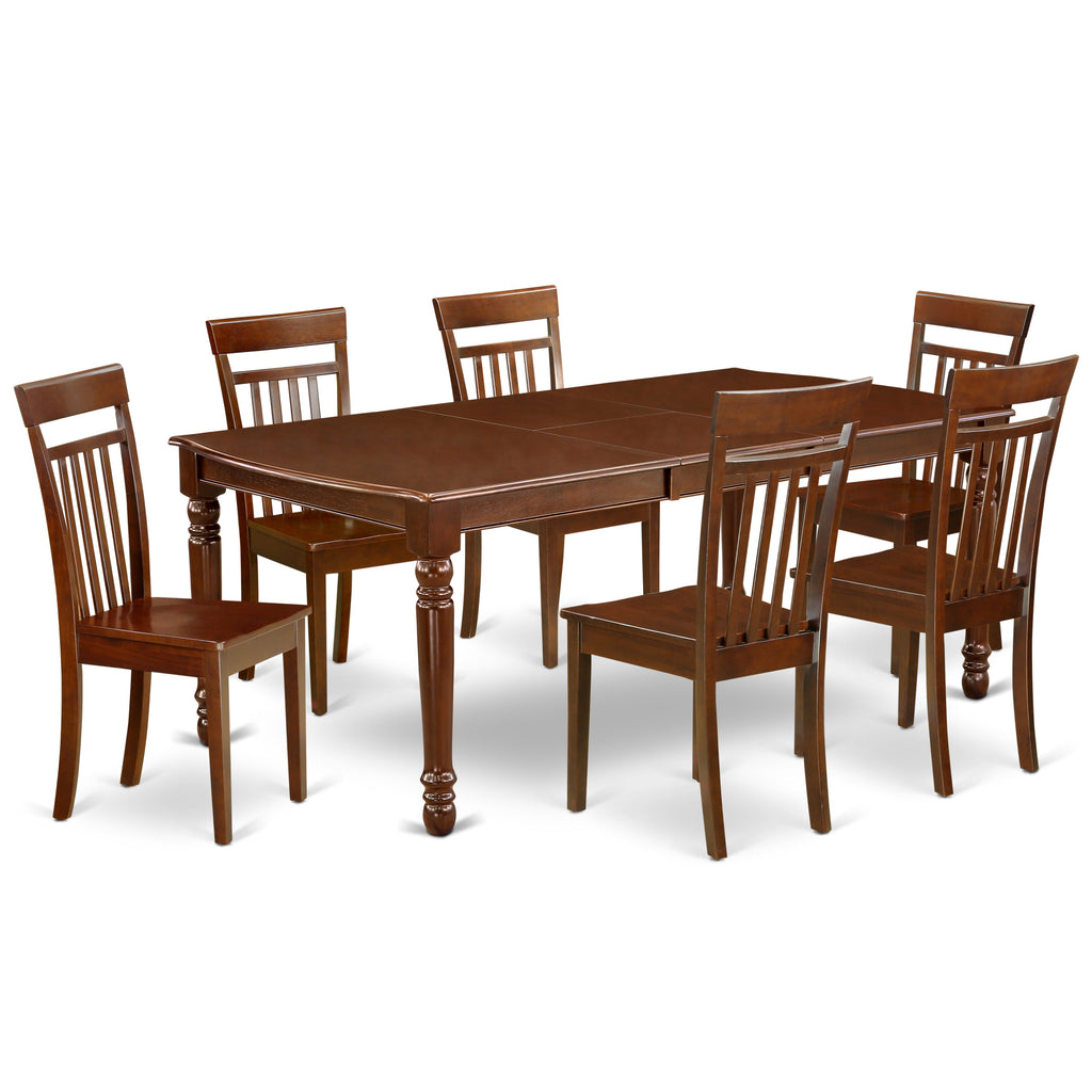 Juego de mesa de comedor de 7 piezas East West Furniture DOCA7-MAH-W compuesto por una mesa de comedor rectangular con hojas de mariposa y 6 sillas de comedor.