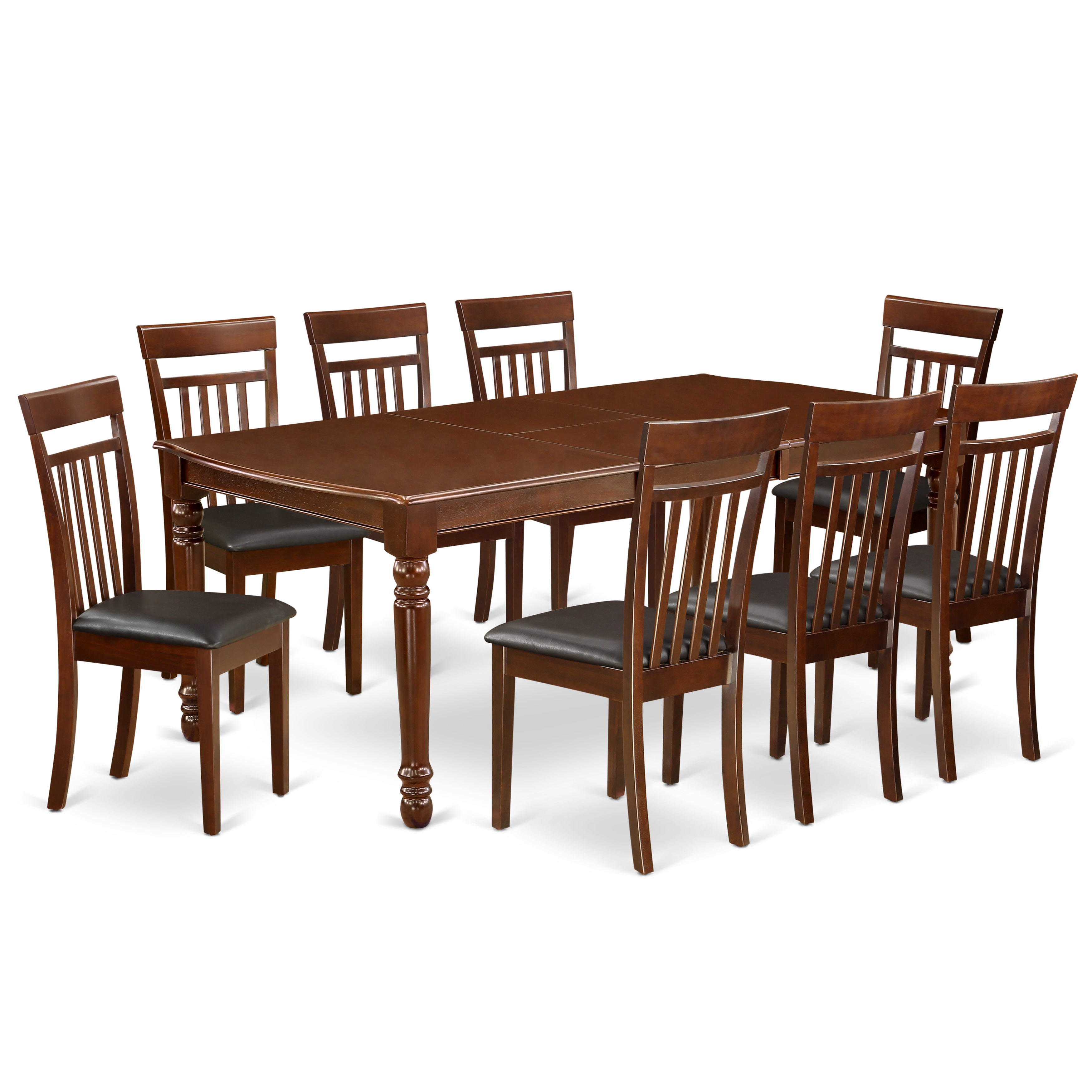 Juego de comedor de 9 piezas East West Furniture DOCA9-MAH-LC. Incluye una mesa de comedor rectangular con diseño de hojas de mariposa y 8 sillas de cocina de cuero sintético.