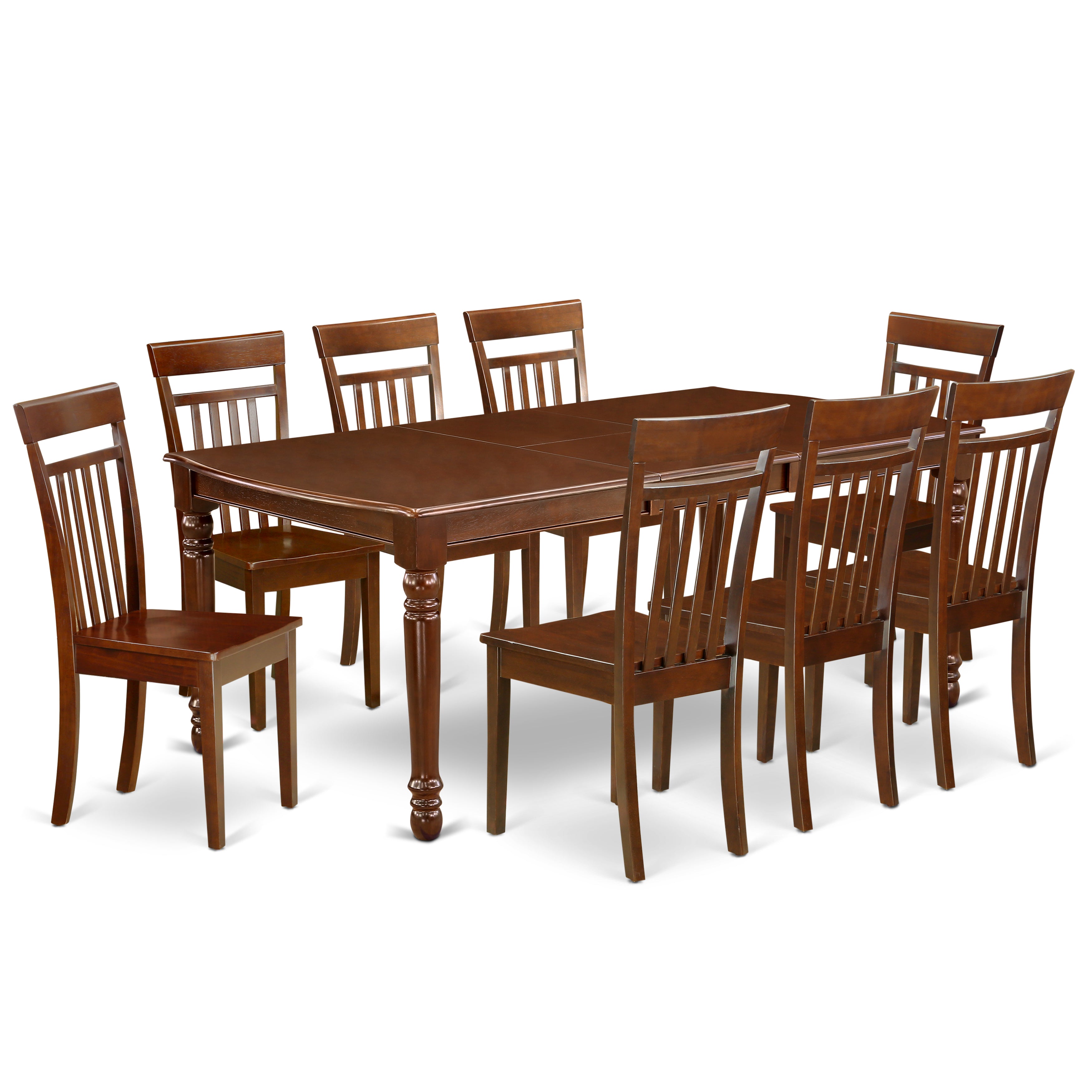Juego de mesa de comedor moderna de 9 piezas East West Furniture DOCA9-MAH-W. Incluye una mesa rectangular de madera con diseño de hojas de mariposa y 8 sillas de comedor.