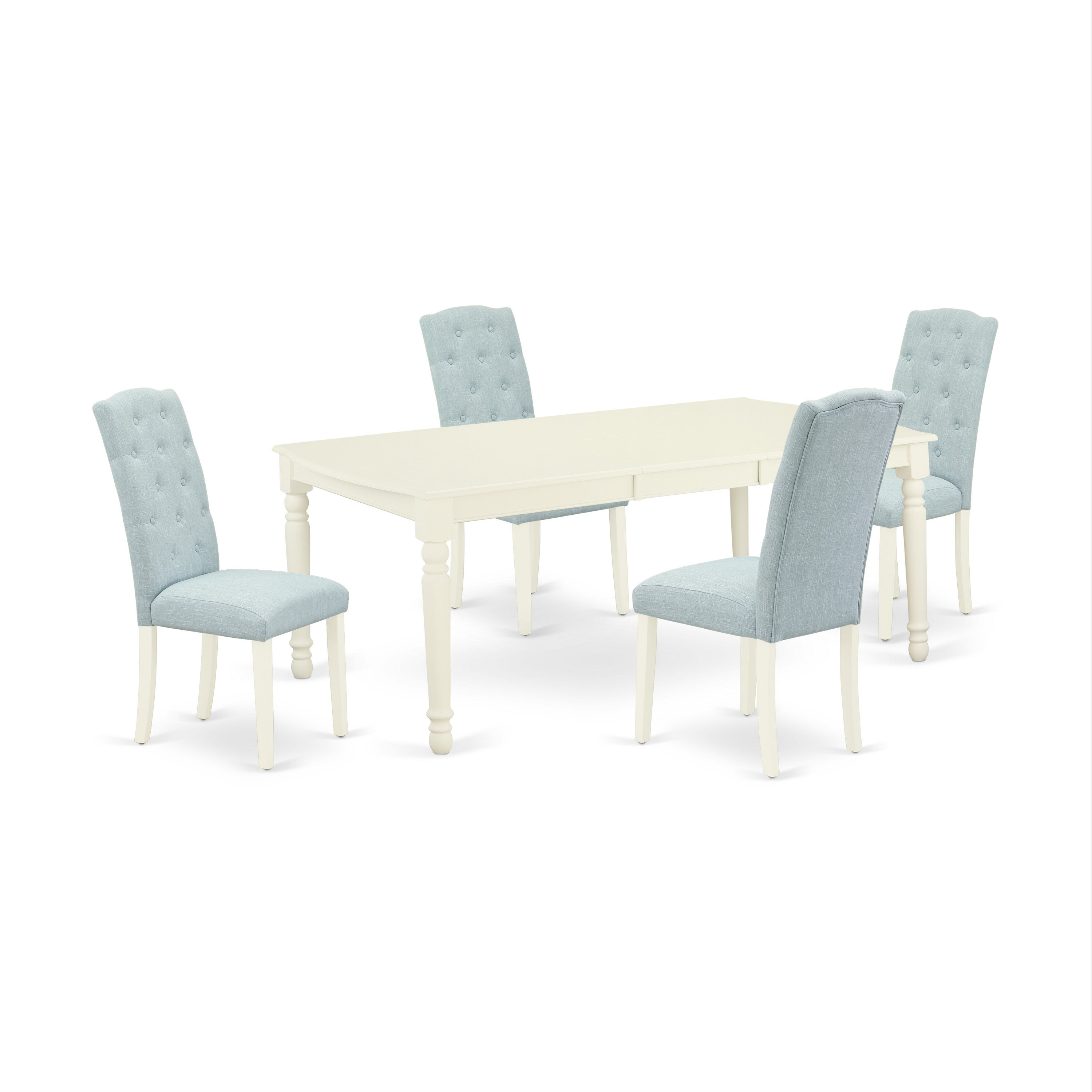 DOCE5-LWH-15 5Pc Dining Set Includes a Rectangle Dinette Table with Butterfly Leaf and Four Parson Chairs with Baby Blue Fabric, Linen White Finish