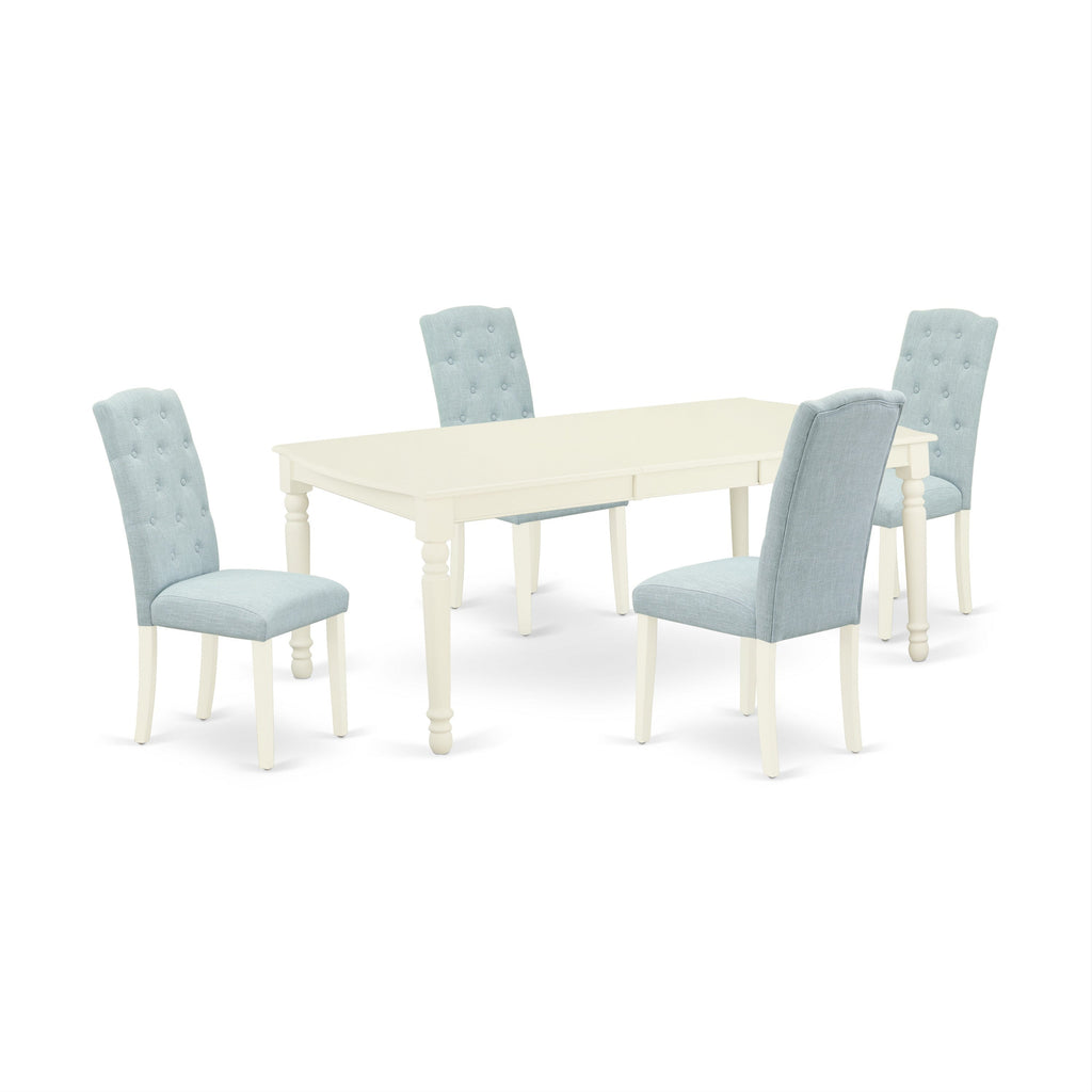 East West Furniture DOCE5-LWH-15 5 Piece Dining Set Includes a Rectangle Dining Room Table with Butterfly Leaf and 4 Baby Blue Linen Fabric Upholstered Chairs
