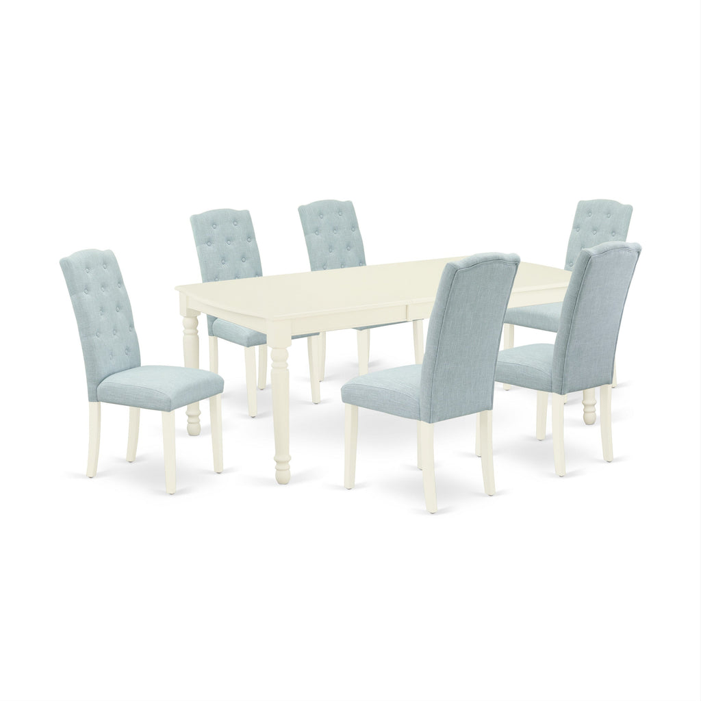 East West Furniture DOCE7-LWH-15 7 Piece Kitchen Table & Chairs Set Consist of a Rectangle Butterfly Leaf Dining Table and 6 Baby Blue Linen Fabric Parson Chairs