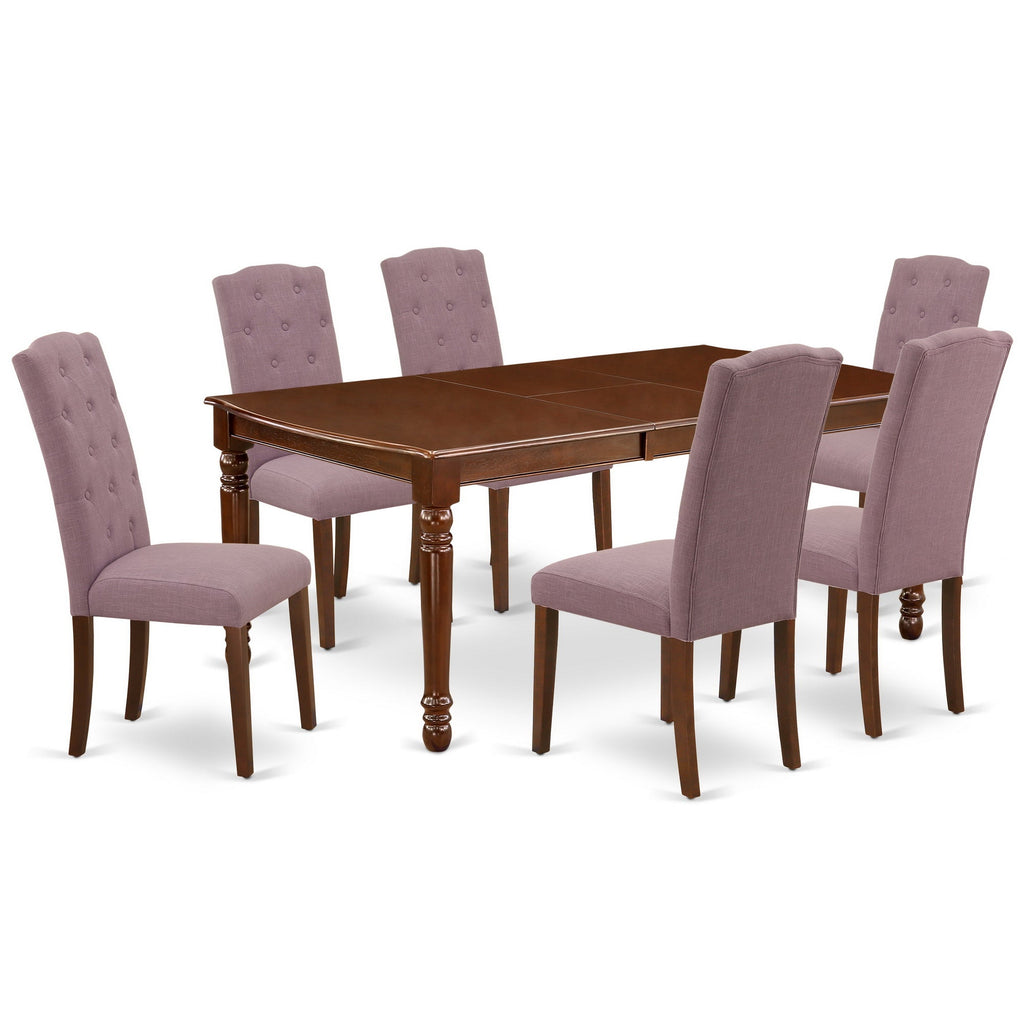 East West Furniture DOCE7-MAH-10 7 Piece Dinette Set Consist of a Rectangle Dining Room Table with Butterfly Leaf and 6 Dahlia Linen Fabric Parsons Dining Chairs