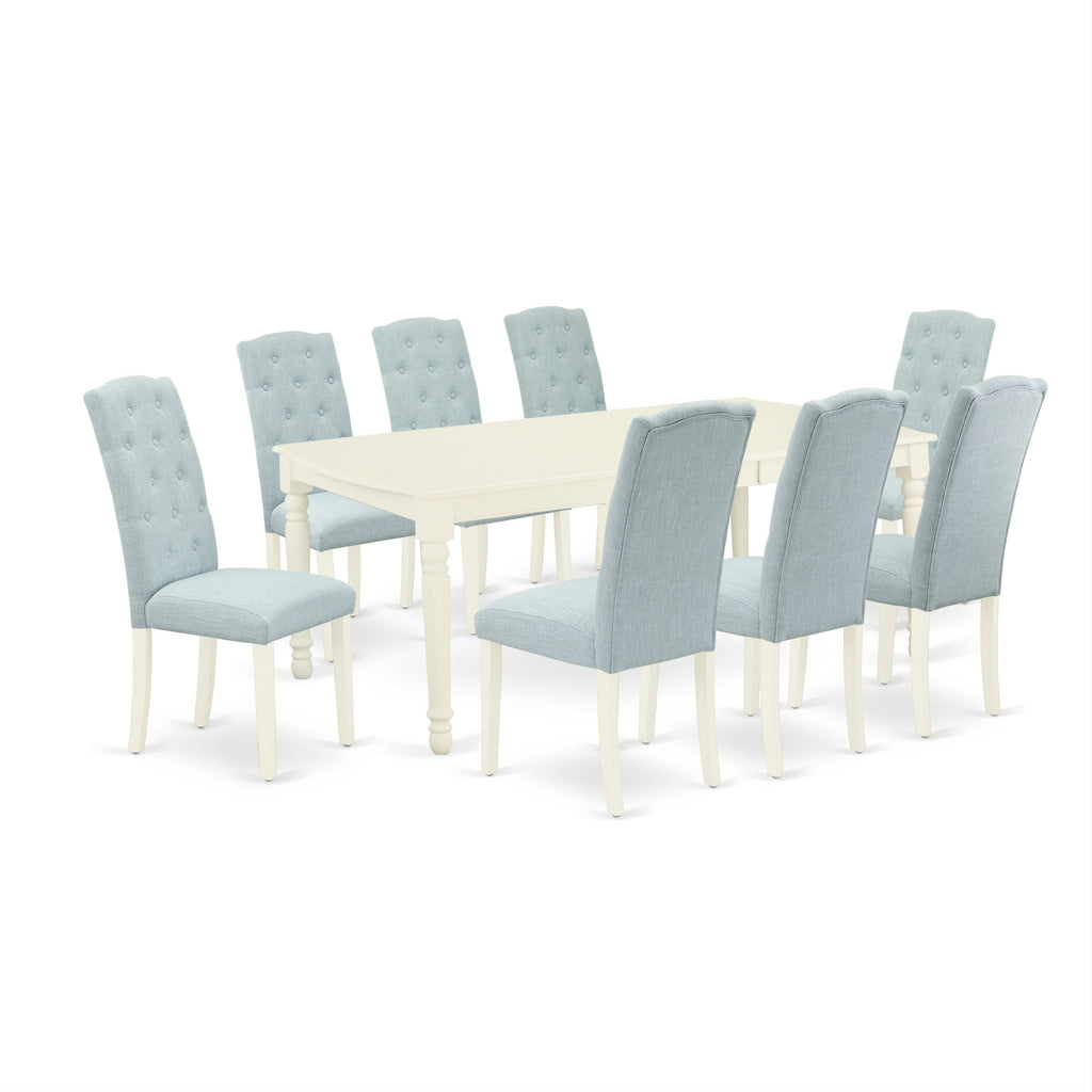 East West Furniture DOCE9-LWH-15 9 Piece Dining Table Set Includes a Rectangle Dining Room Table with Butterfly Leaf and 8 Baby Blue Linen Fabric Parsons Chairs, 42x78 Inch, Linen White