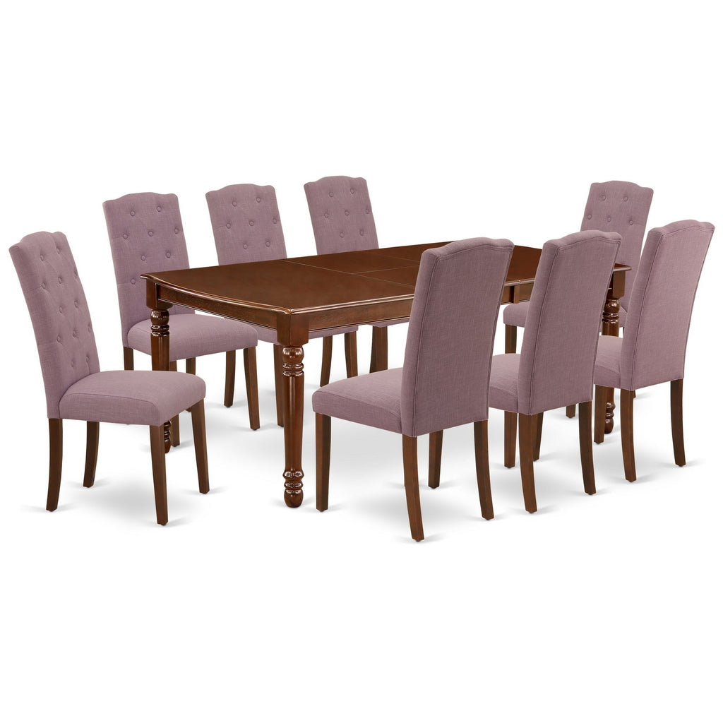 East West Furniture DOCE9-MAH-10 9 Piece Dining Table Set Includes a Rectangle Dinner Table with Butterfly Leaf and 8 Dahlia Linen Fabric Parson Dining Chairs