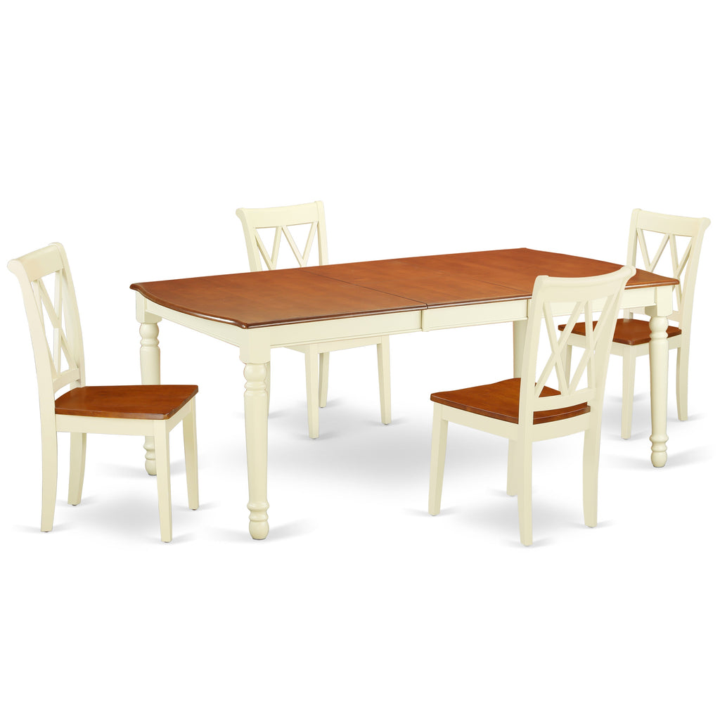Juego de comedor de 5 piezas East West Furniture DOCL5-BMK-W. Incluye una mesa de comedor rectangular con hojas de mariposa y 4 sillas con asiento de madera.