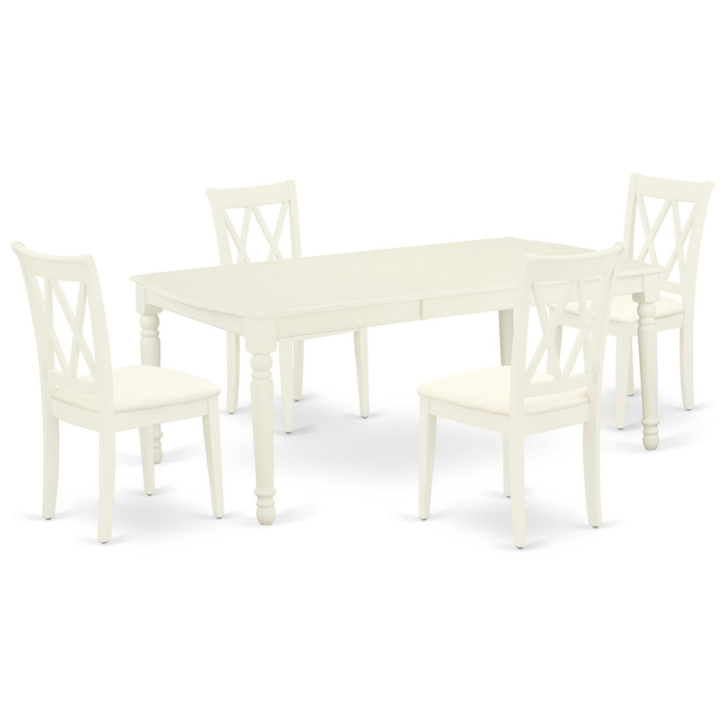 Juego de comedor de 5 piezas East West Furniture DOCL5-LWH-C para 4 personas. Incluye una mesa de comedor rectangular con diseño de hojas de mariposa y 4 sillas de comedor de tela de lino.