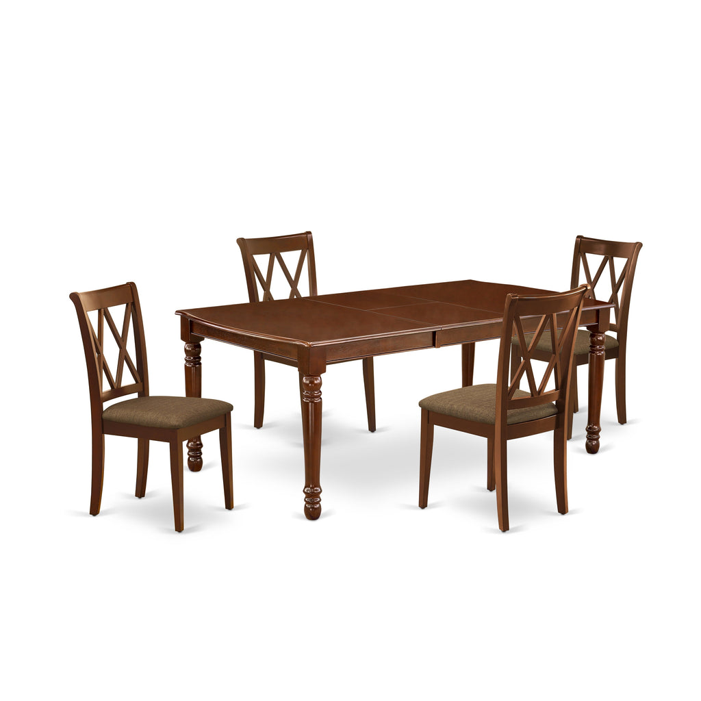 Juego de mesa de comedor moderna de 5 piezas East West Furniture DOCL5-MAH-C. Incluye una mesa rectangular de madera con diseño de hojas de mariposa y 4 sillas de comedor de tela de lino.