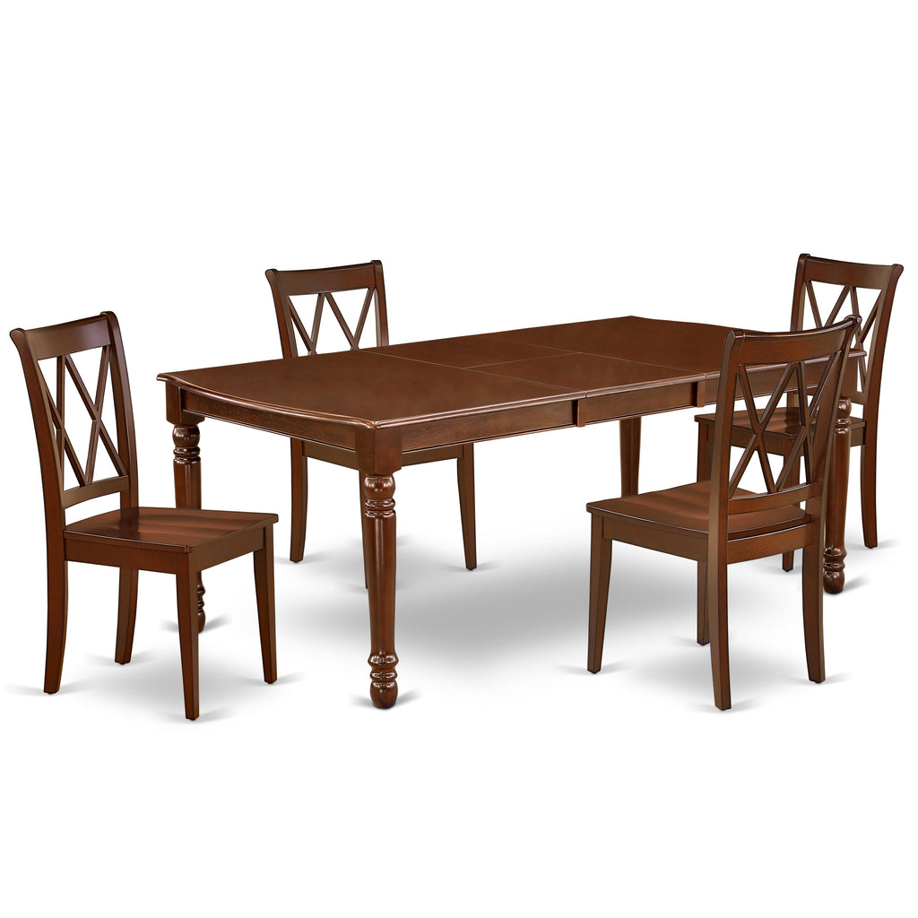 Juego de mesa de comedor moderna de 5 piezas East West Furniture DOCL5-MAH-W. Incluye una mesa rectangular de madera con diseño de hojas de mariposa y 4 sillas de comedor de cocina.