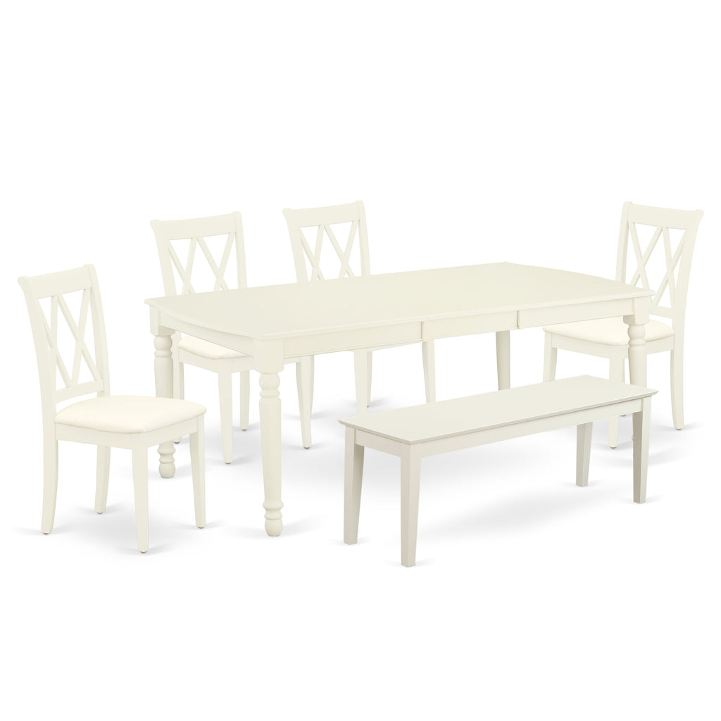East West Furniture DOCL6-LWH-C 6 Piece Modern Dining Table Set Contains a Rectangle Wooden Table with Butterfly Leaf and 4 Linen Fabric Dining Chairs with a Bench
