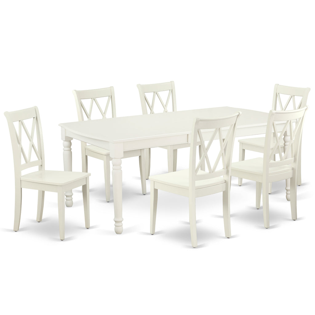 Juego de mesa de comedor moderna de 7 piezas East West Furniture DOCL7-LWH-W compuesto por una mesa rectangular de madera con diseño de hojas de mariposa y 6 sillas de comedor de cocina.