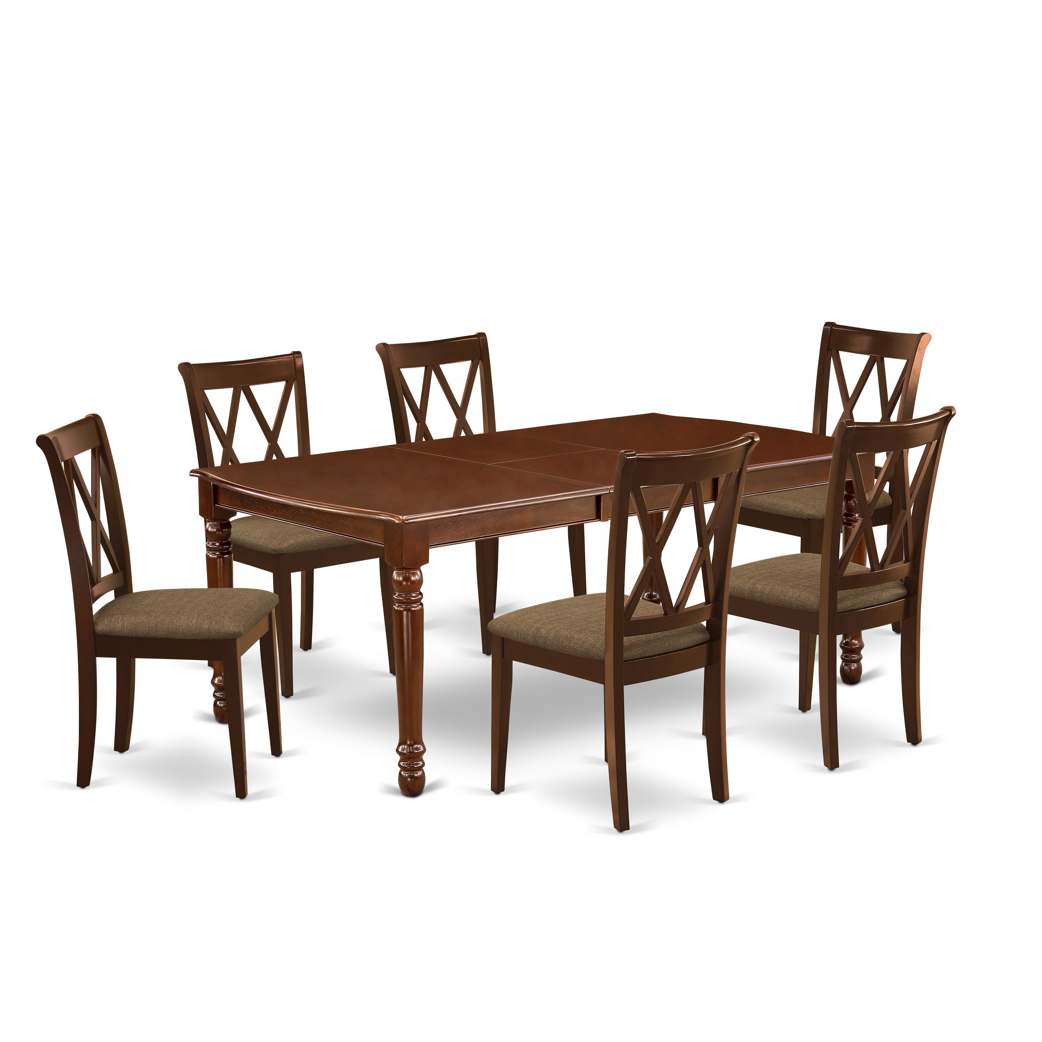 DOCL7-MAH-C 7Pc Dinette Set Includes a Rectangular Kitchen Table with Butterfly Leaf and Six Double X Back Linen seat Dining Chairs, Mahogany Finish