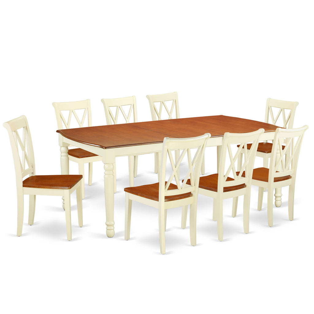 El juego de mesa de comedor de 9 piezas East West Furniture DOCL9-BMK-W incluye una mesa de comedor rectangular con hojas de mariposa y 8 sillas con asiento de madera.