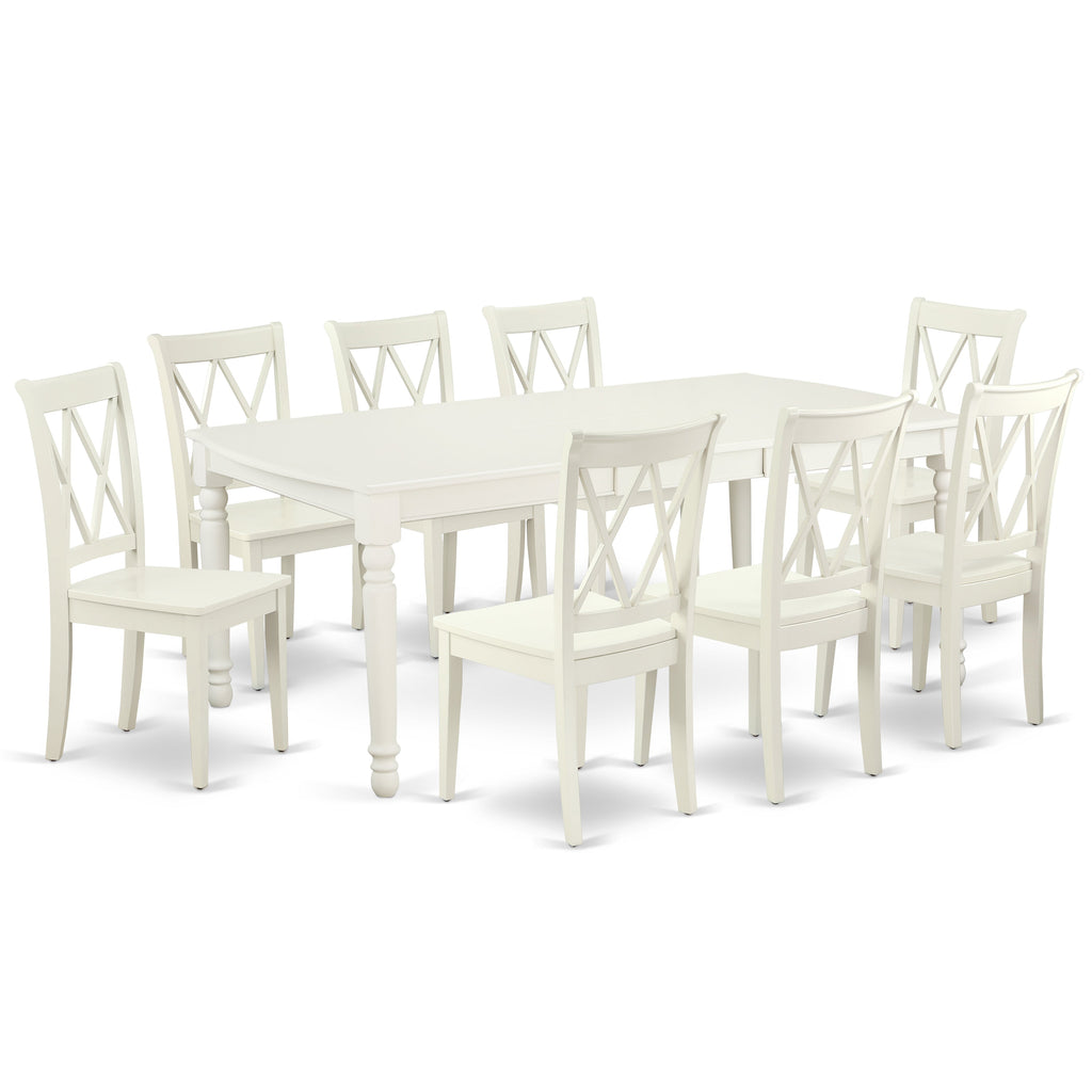 El juego de mesa de comedor East West Furniture DOCL9-LWH-W de 9 piezas incluye una mesa de comedor rectangular con hojas de mariposa y 8 sillas de comedor.