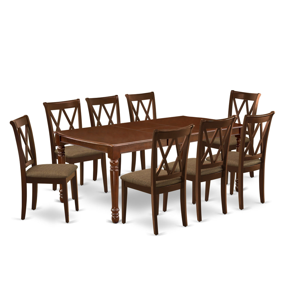 Juego de mesa y sillas de cocina de 9 piezas DOCL9-MAH-C de East West Furniture. Incluye una mesa de comedor rectangular con diseño de hojas de mariposa y 8 sillas de comedor de tela de lino.