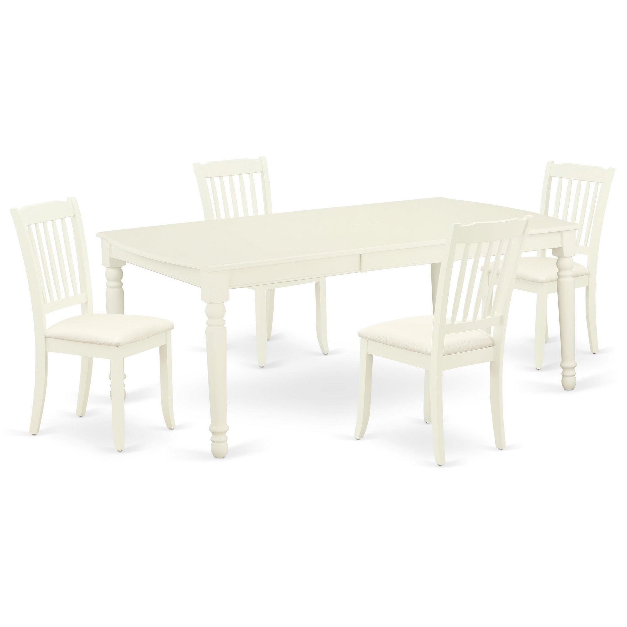 Juego de mesa de comedor moderna de 5 piezas East West Furniture DODA5-LWH-C. Incluye una mesa rectangular de madera con diseño de hojas de mariposa y 4 sillas de comedor de tela de lino.