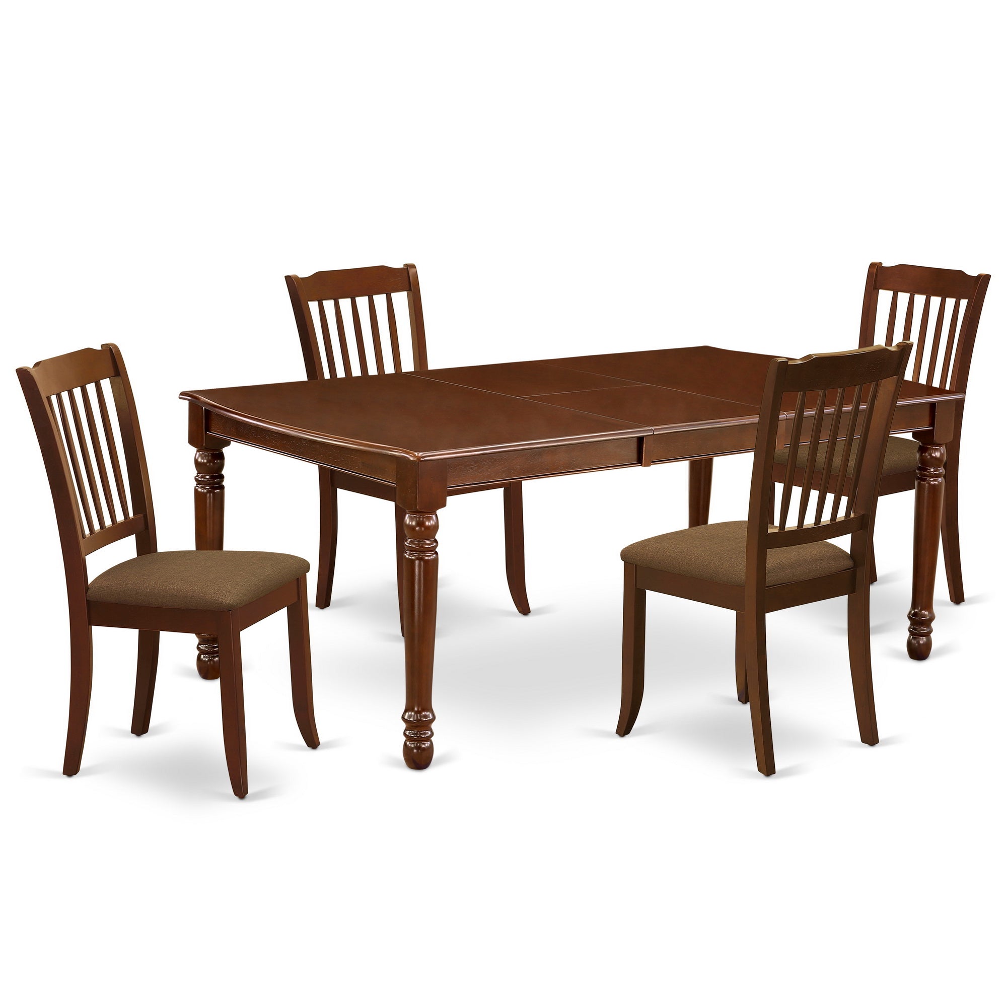 El juego de comedor de 5 piezas East West Furniture DODA5-MAH-C incluye una mesa de comedor rectangular con diseño de hojas de mariposa y 4 sillas de comedor tapizadas en tela de lino.