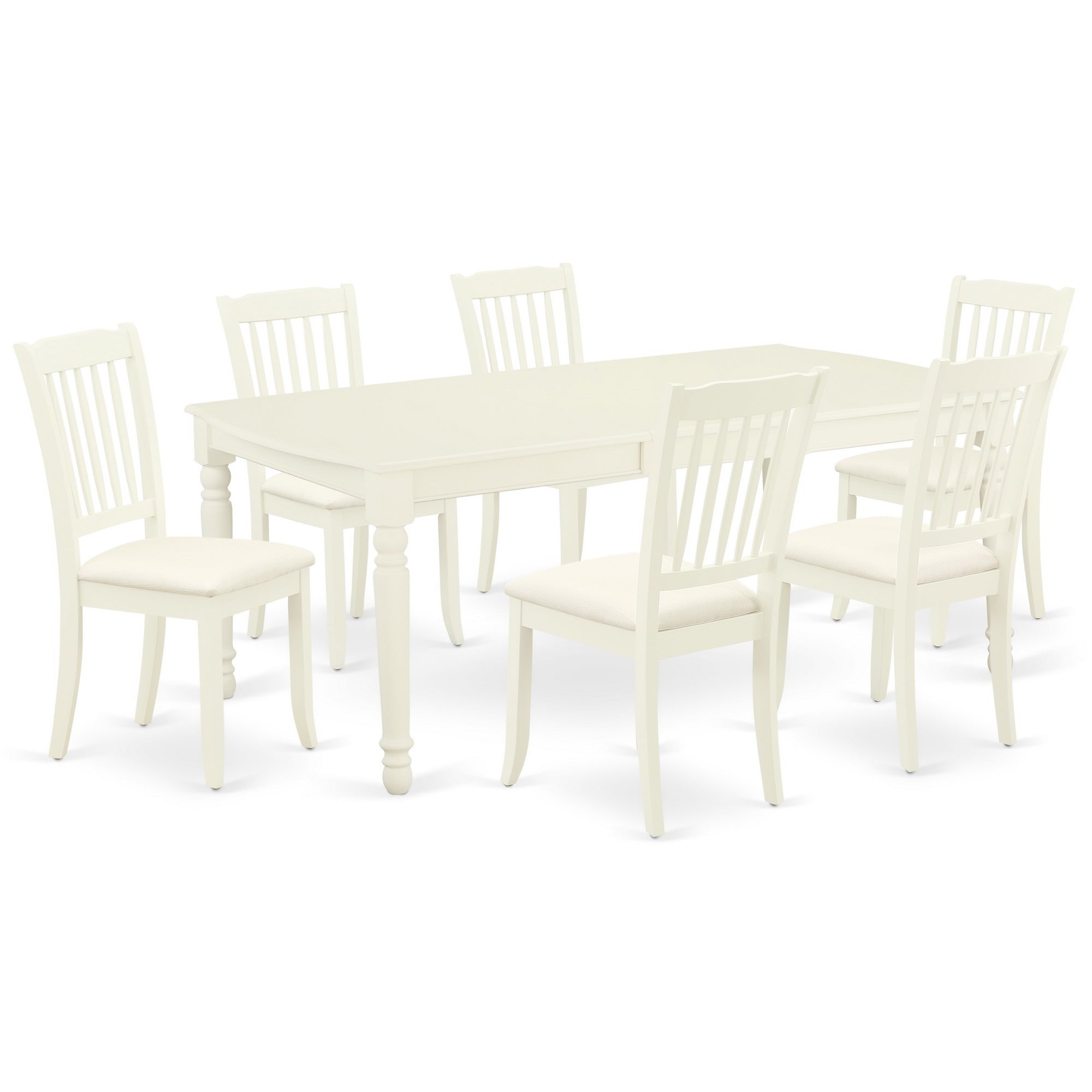 DODA7-LWH-C 7Pc Dinette Set Includes a Rectangular Kitchen Table with Butterfly Leaf and Six Vertical Slatted Linen seat Dining Chairs, Linen White Finish