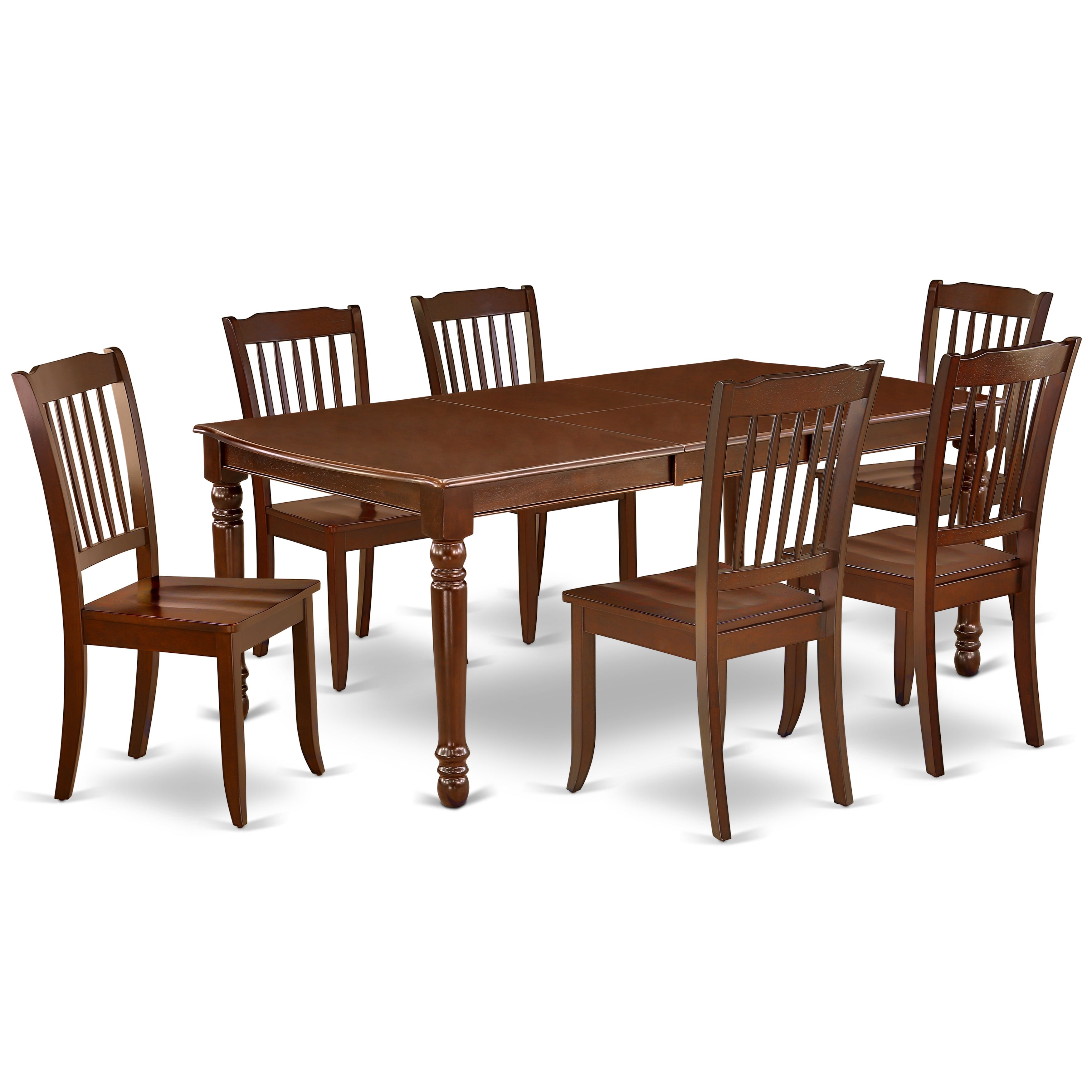 Juego de mesa y sillas de cocina East West Furniture DODA7-MAH-W de 7 piezas. Incluye una mesa de comedor rectangular con diseño de hojas de mariposa y 6 sillas de madera maciza.