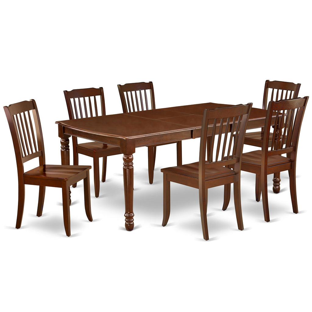 Juego de mesa y sillas de cocina East West Furniture DODA7-MAH-W de 7 piezas. Incluye una mesa de comedor rectangular con diseño de hojas de mariposa y 6 sillas de madera maciza.