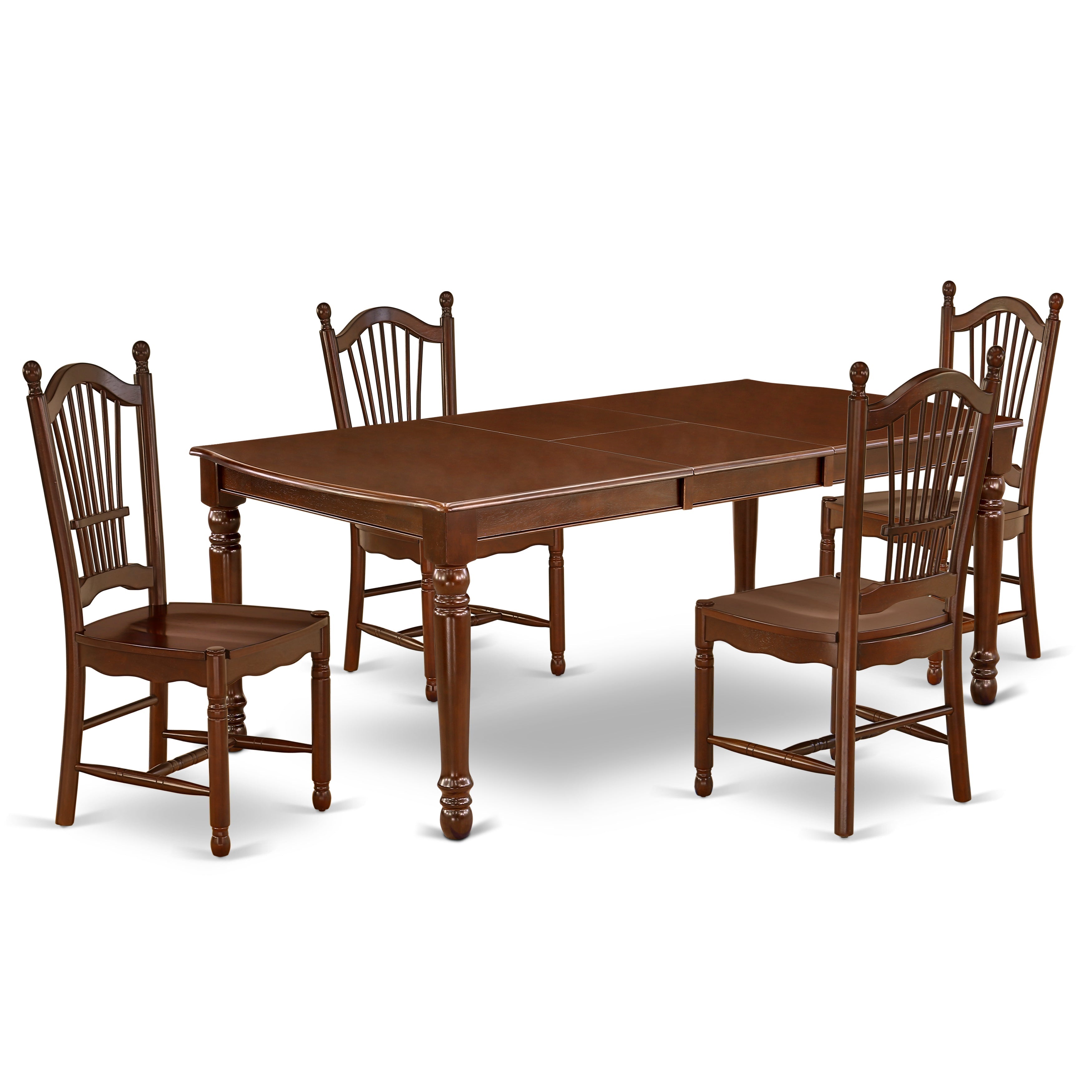 Juego de mesa y sillas de cocina de 5 piezas DODO5-MAH-W de East West Furniture. Incluye una mesa de comedor rectangular con diseño de hojas de mariposa y 4 sillas de comedor.