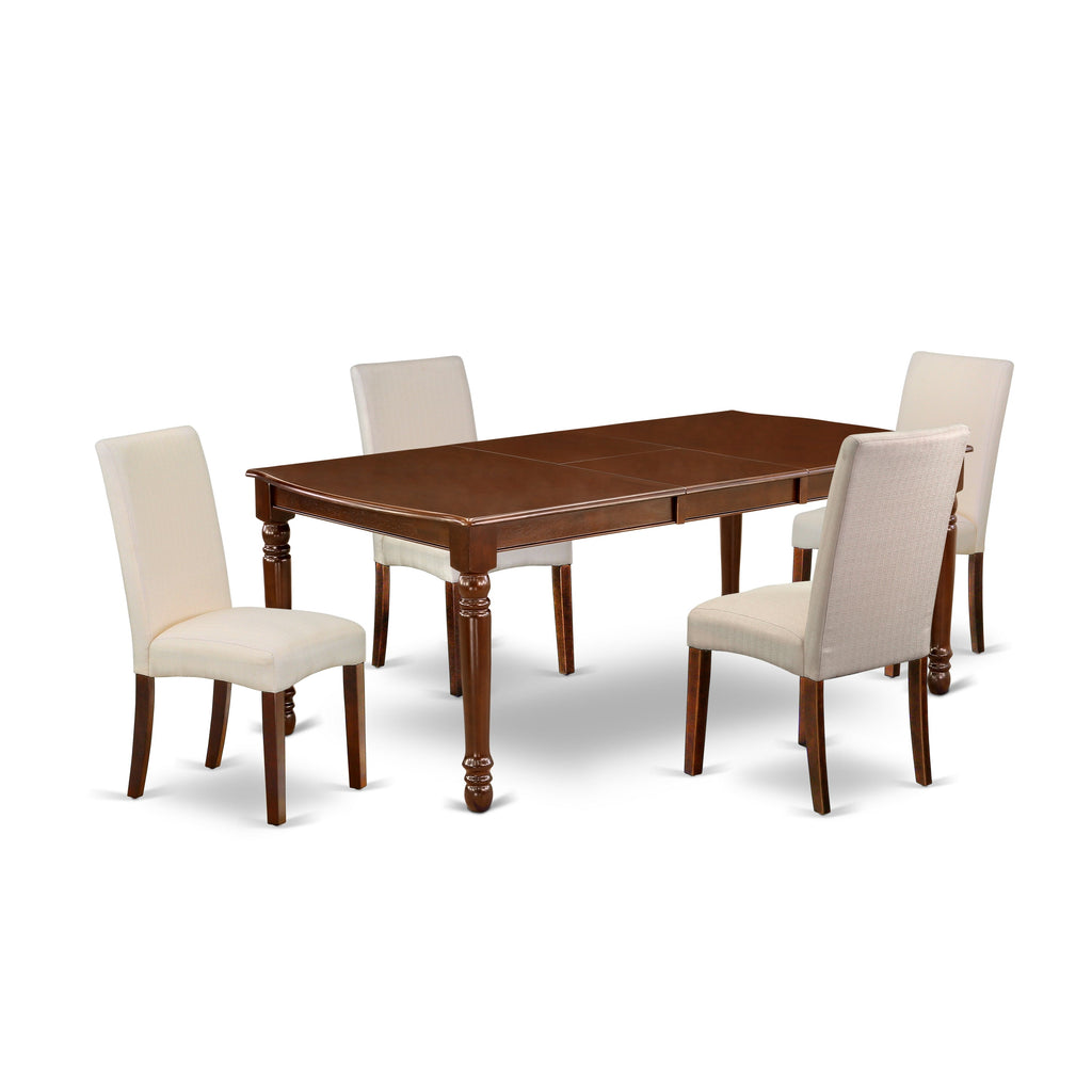 East West Furniture DODR5-MAH-01 5 Piece Dinette Set Includes a Rectangle Dining Table with Butterfly Leaf and 4 Cream Linen Fabric Parson Dining Room Chairs