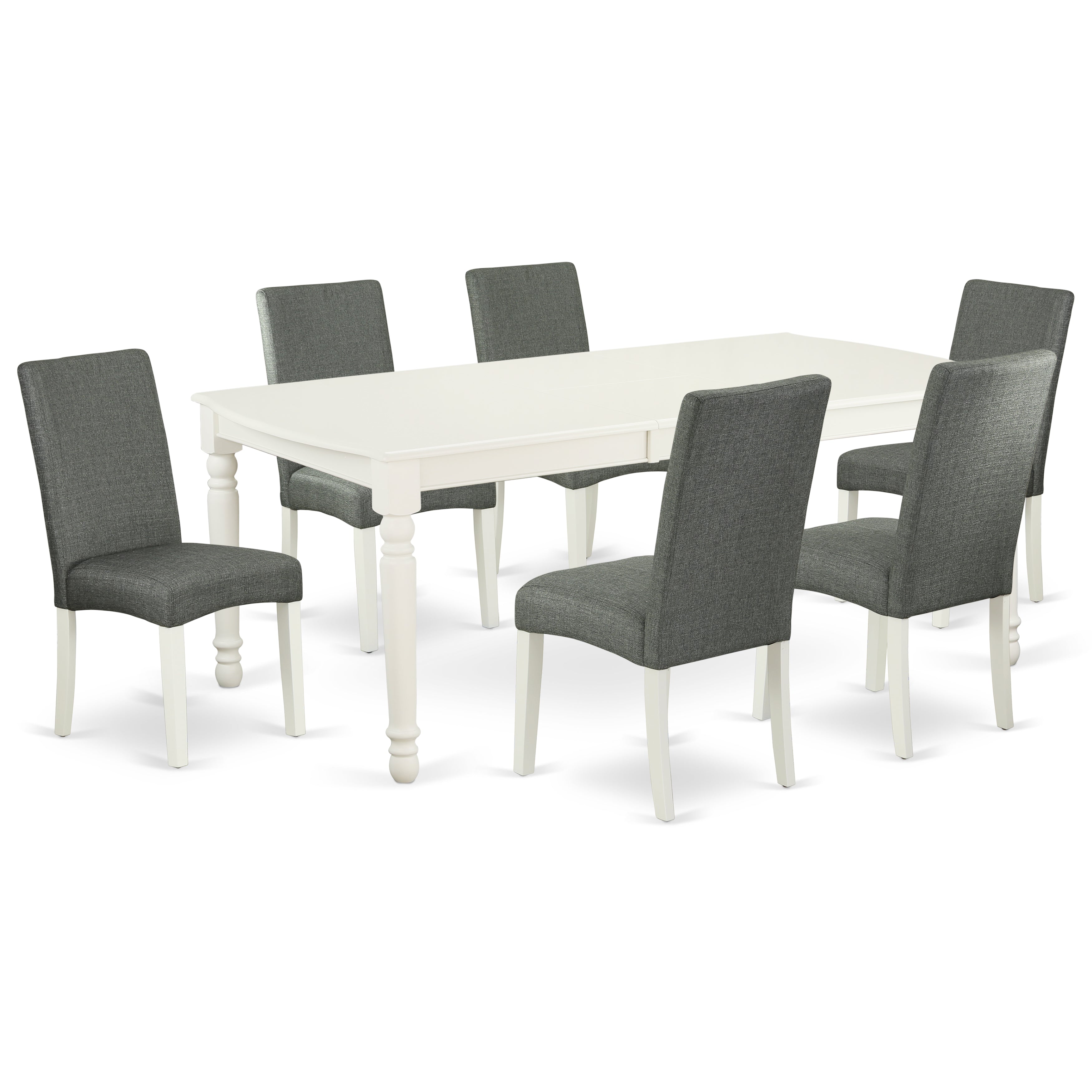 DODR7-LWH-07 7Pc Rectangle 60/78 Inch Table With 18 In Leaf And 6 Parson Chair With Linen White Finish Leg And Linen Fabric- Gray Color