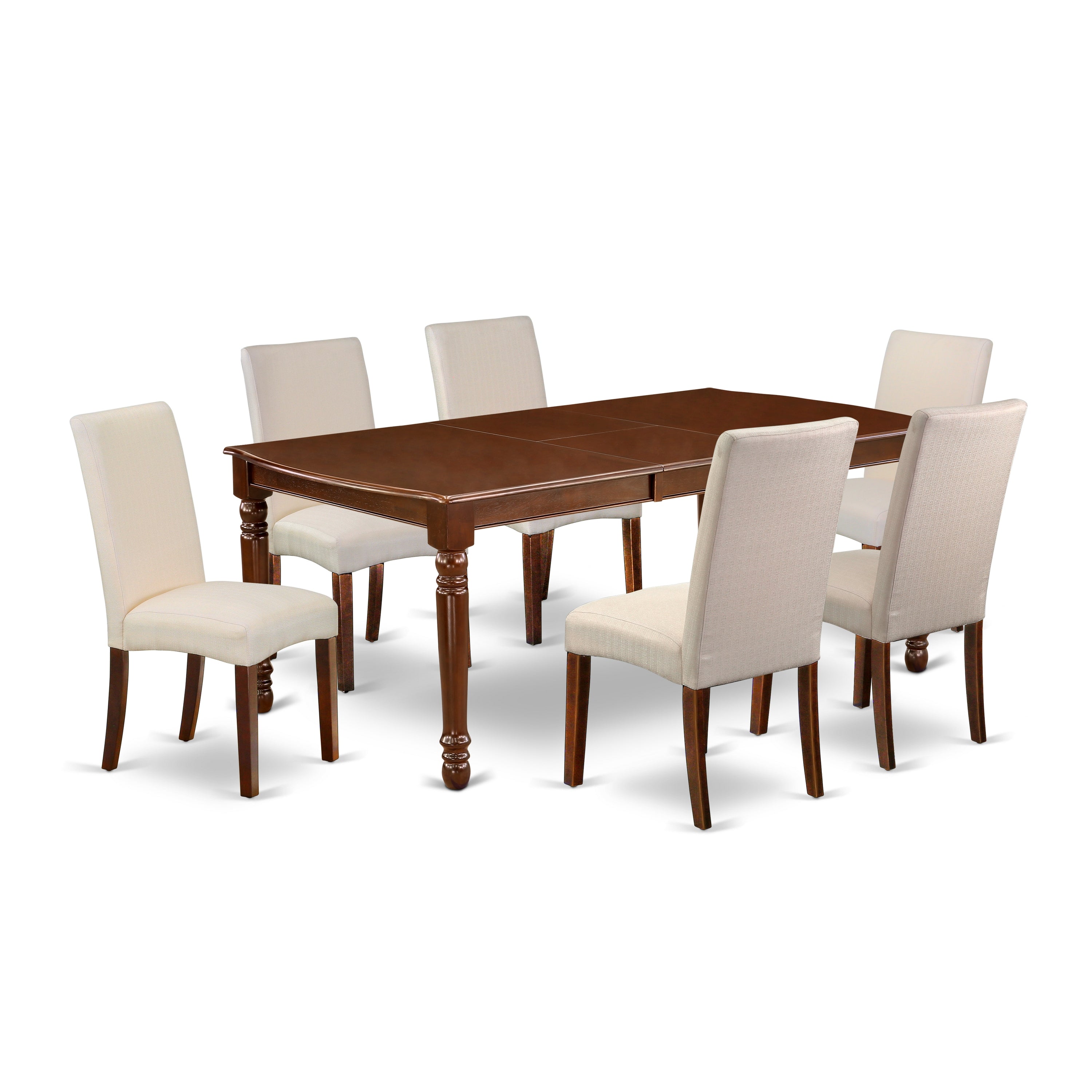 Juego de comedor de 7 piezas East West Furniture DODR7-MAH-01 compuesto por una mesa rectangular con hojas de mariposa y 6 sillas tapizadas en tela de lino color crema.