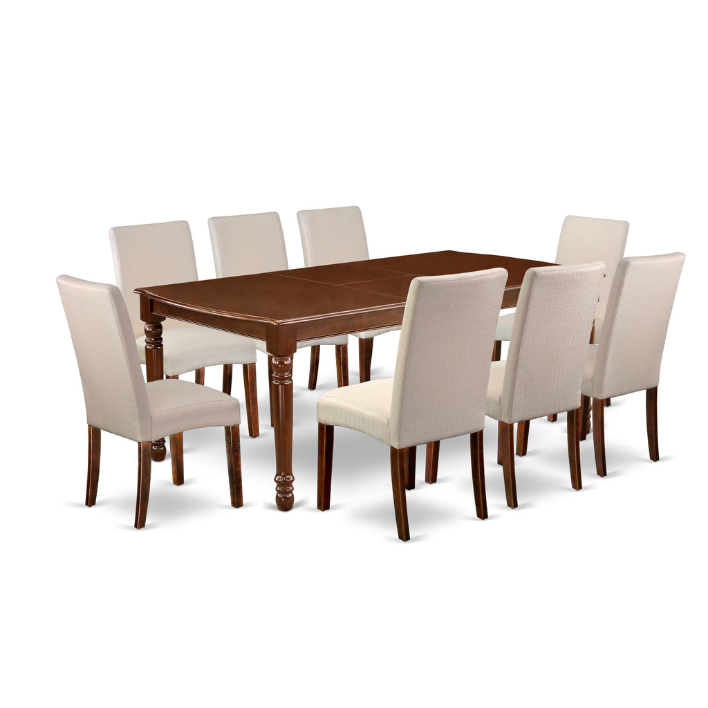 East West Furniture DODR9-MAH-01 9 Piece Dining Set Includes a Rectangle Dining Room Table with Butterfly Leaf and 8 Cream Linen Fabric Upholstered Parson Chairs