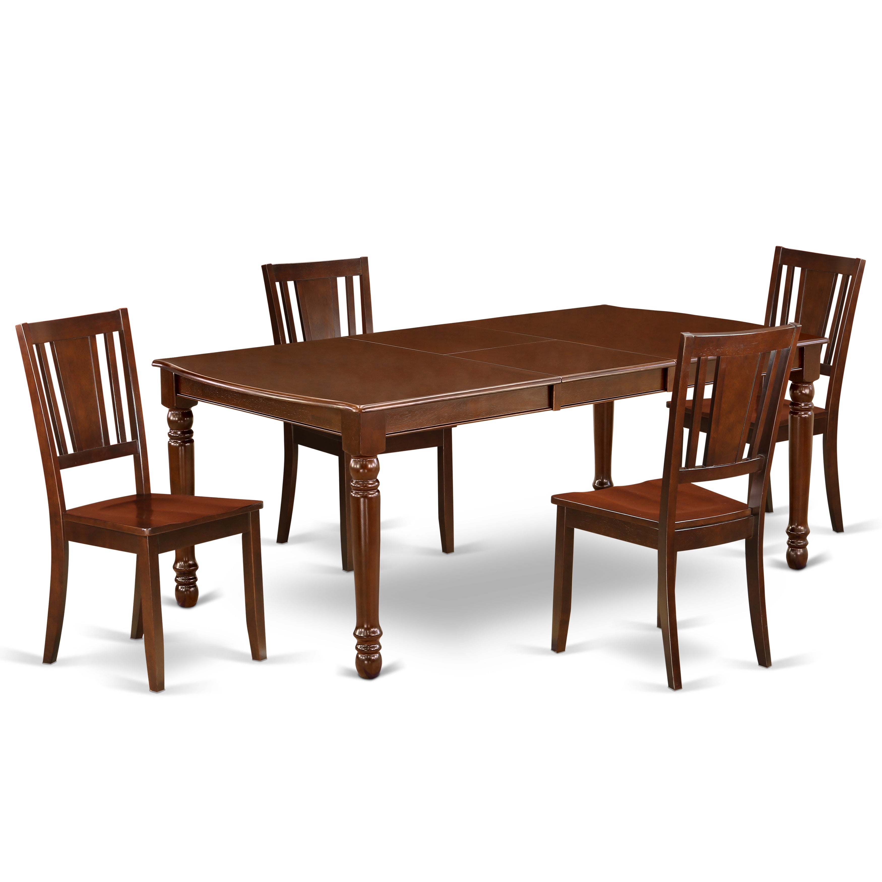 DODU5-MAH-W 5Pc Rectangular 60/78 Inch Dinner Table With 18 In Butterfly Leaf And Four Wood Seat Kitchen Chairs