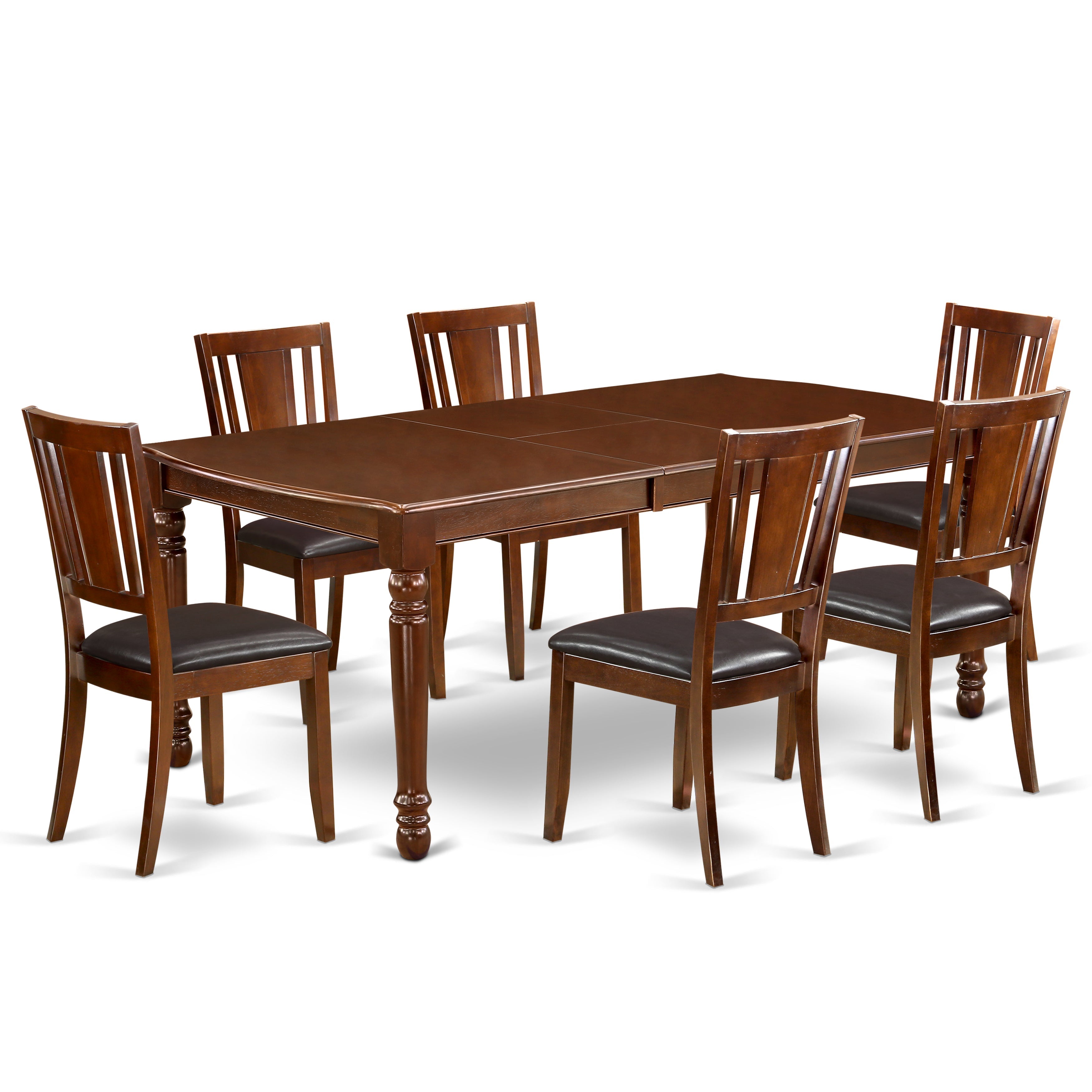 DODU7-MAH-LC 7Pc Rectangular 60/78 Inch Dining Room Table With 18 In Butterfly Leaf And 6 Faux Leather Seat Chairs