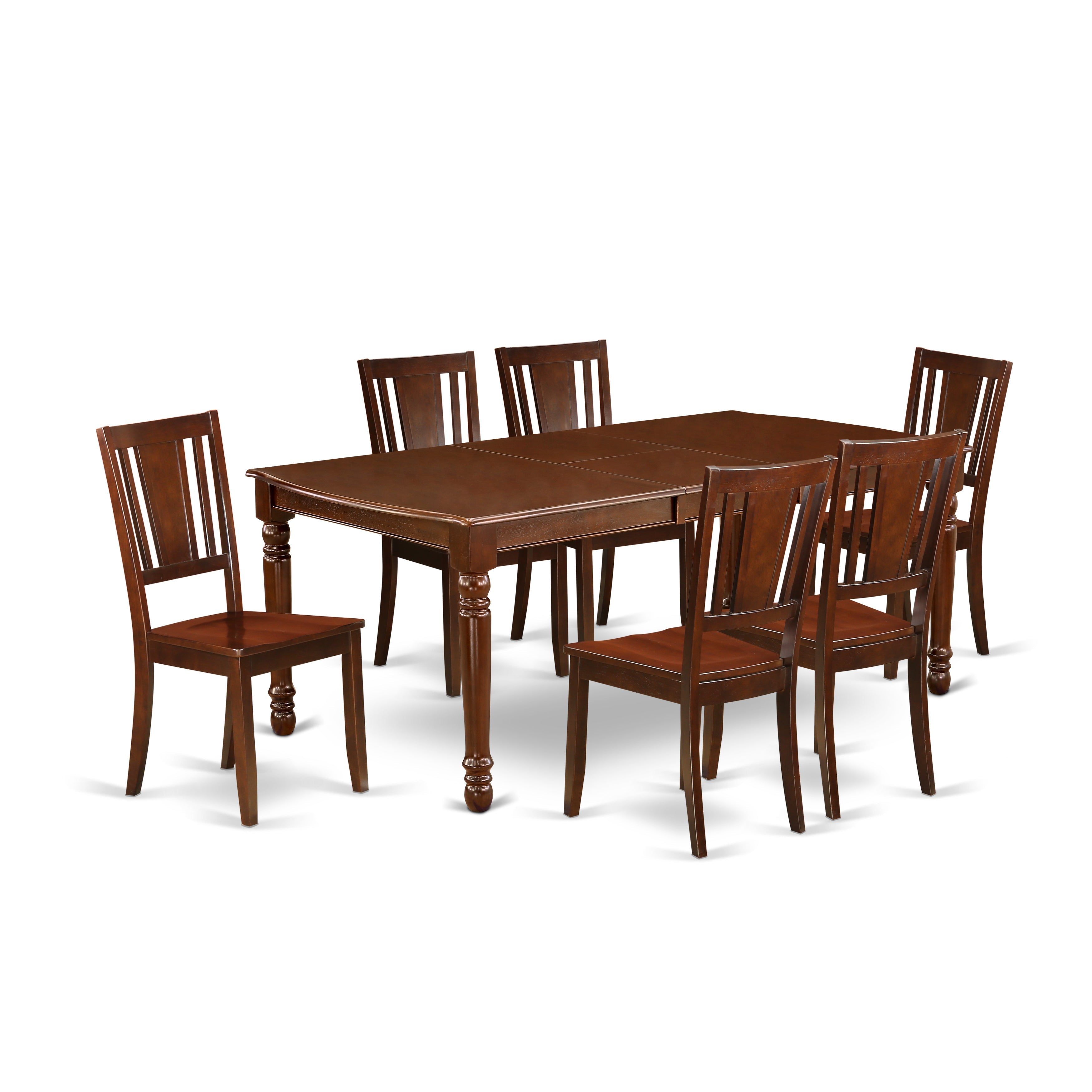 DODU7-MAH-W 7Pc Rectangular 60/78" Table With 18 In Leaf And 6 Wood Seat Dining Chairs