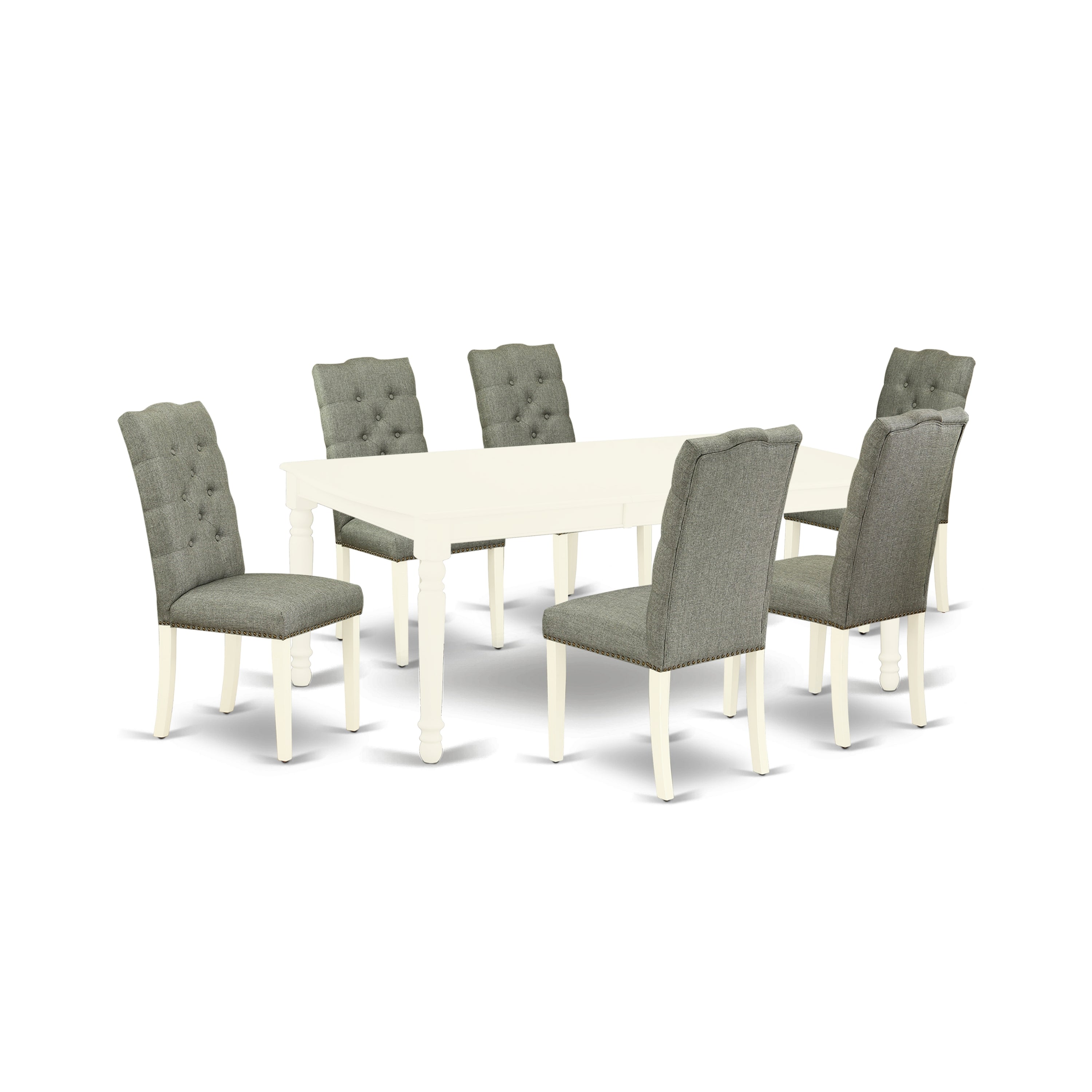 East-West Furniture DOEL7-LWH-07 7-Piece Rectangular Dining Table Set- 6 Upholstered Dining Chairs and Butterfly Leaf Dining Room Table Solid Wood Frame -High Back & Linen White Finish