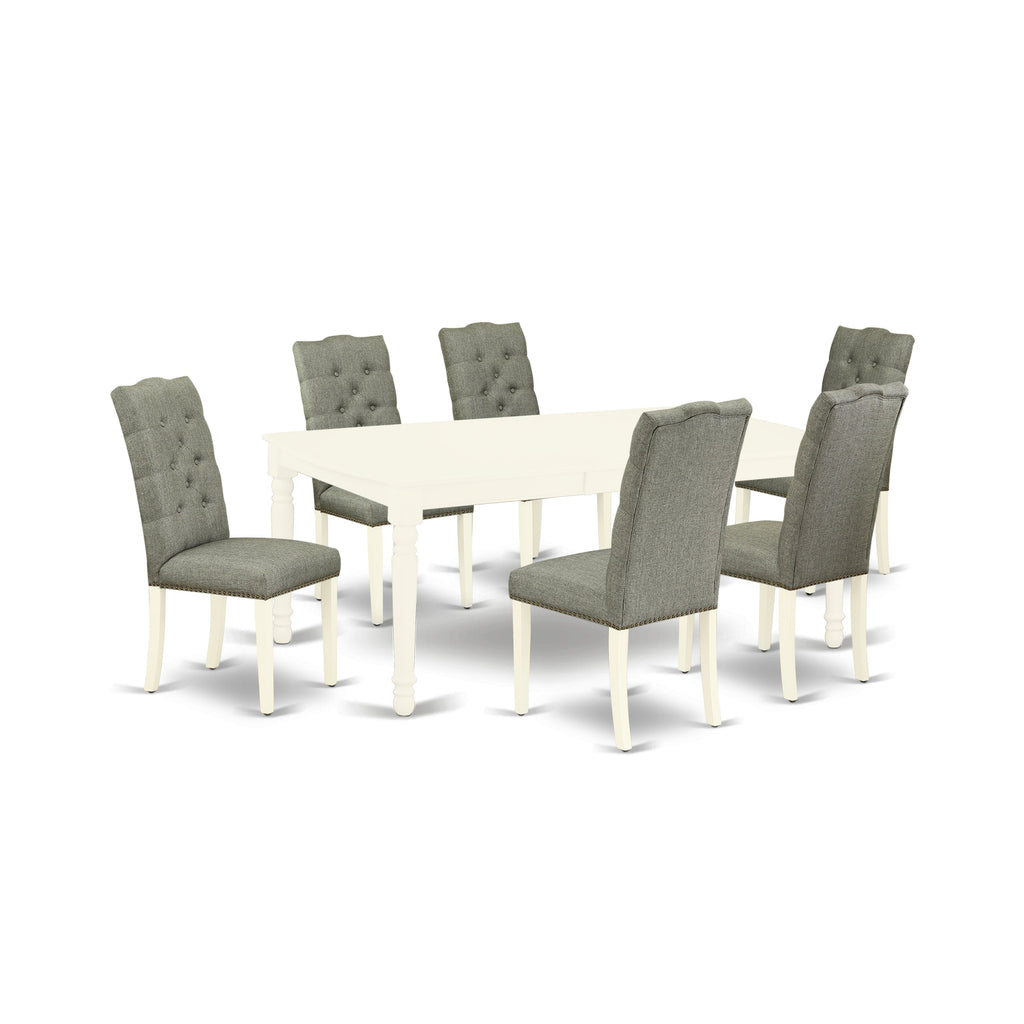 East West Furniture DOEL7-LWH-07 7 Piece Dining Table Set Consist of a Rectangle Dining Room Table with Butterfly Leaf and 6 Gray Linen Fabric Upholstered Chairs