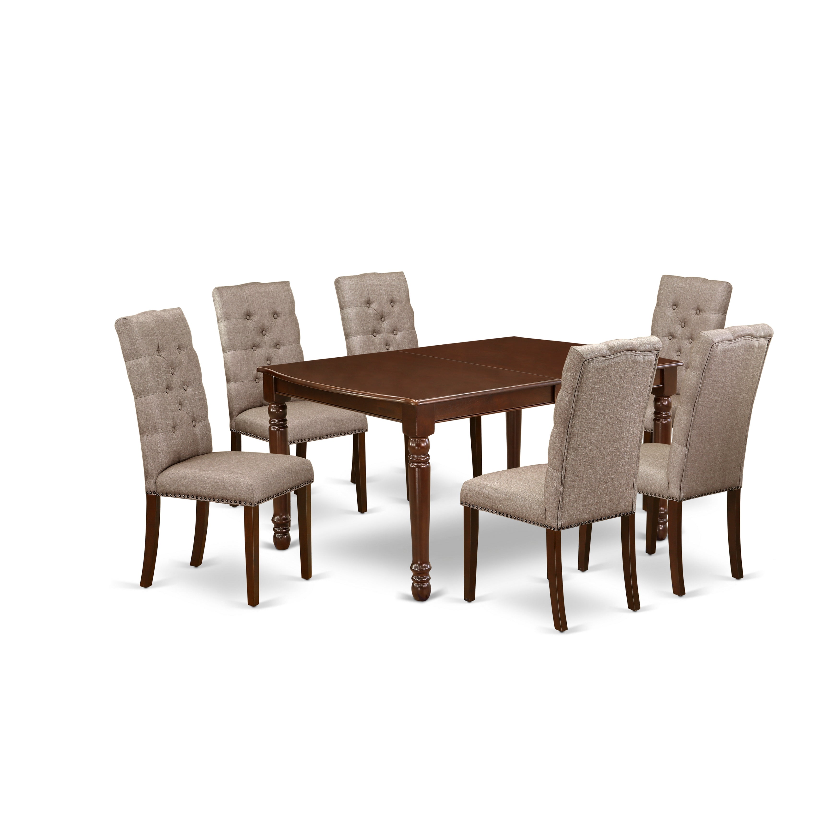 East West Furniture DOEL7-MAH-16 7-Piece small dining table set- 6 Dining Chairs and Butterfly leaf dining table solid wood structure -high back & Mahogany Finish